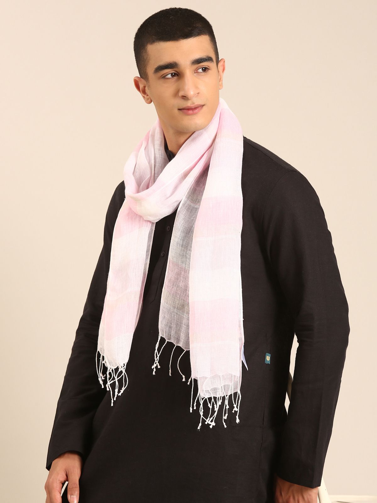 Linen Club Unisex Linen Stole Striped Cream (Size:Free)