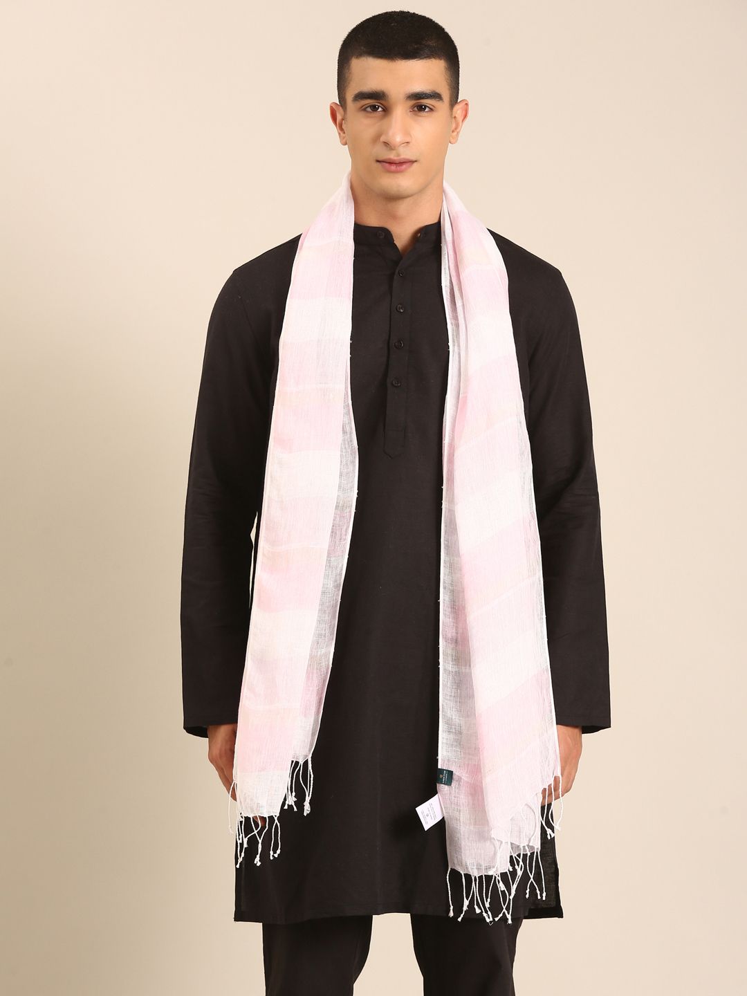 Linen Club Unisex Linen Stole Striped Cream (Size:Free)