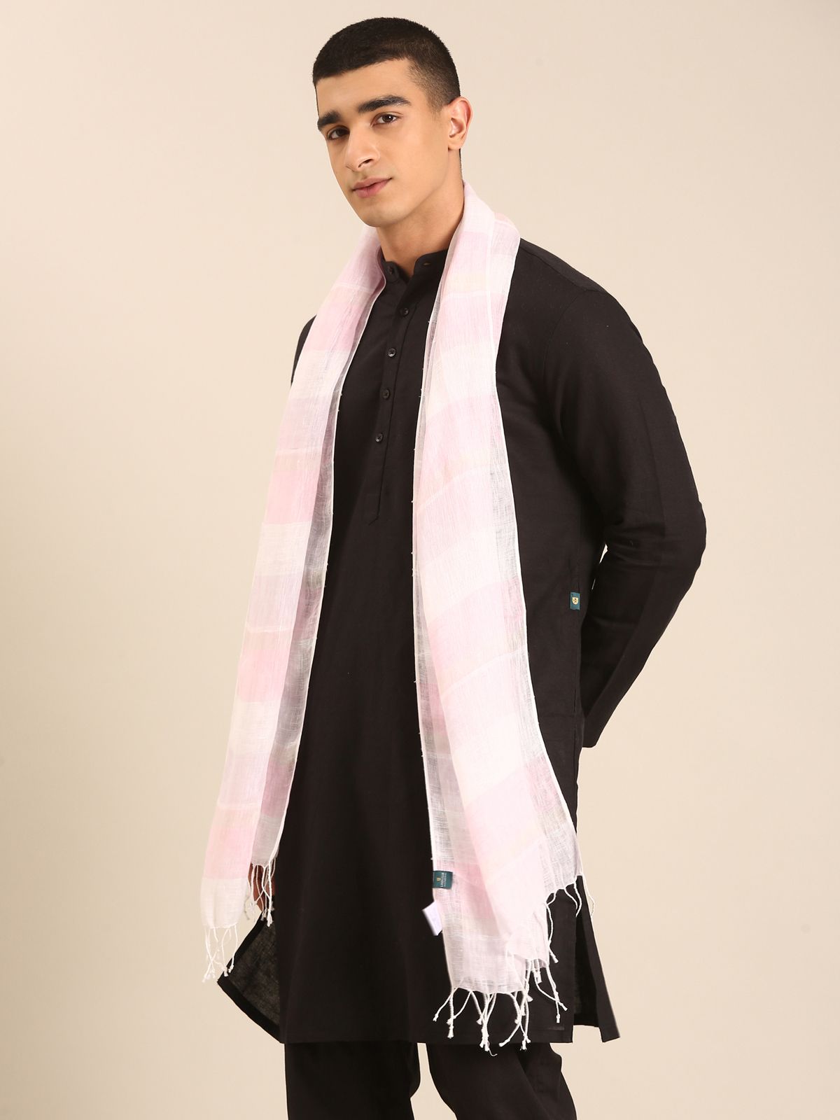 Linen Club Unisex Linen Stole Striped Cream (Size:Free)