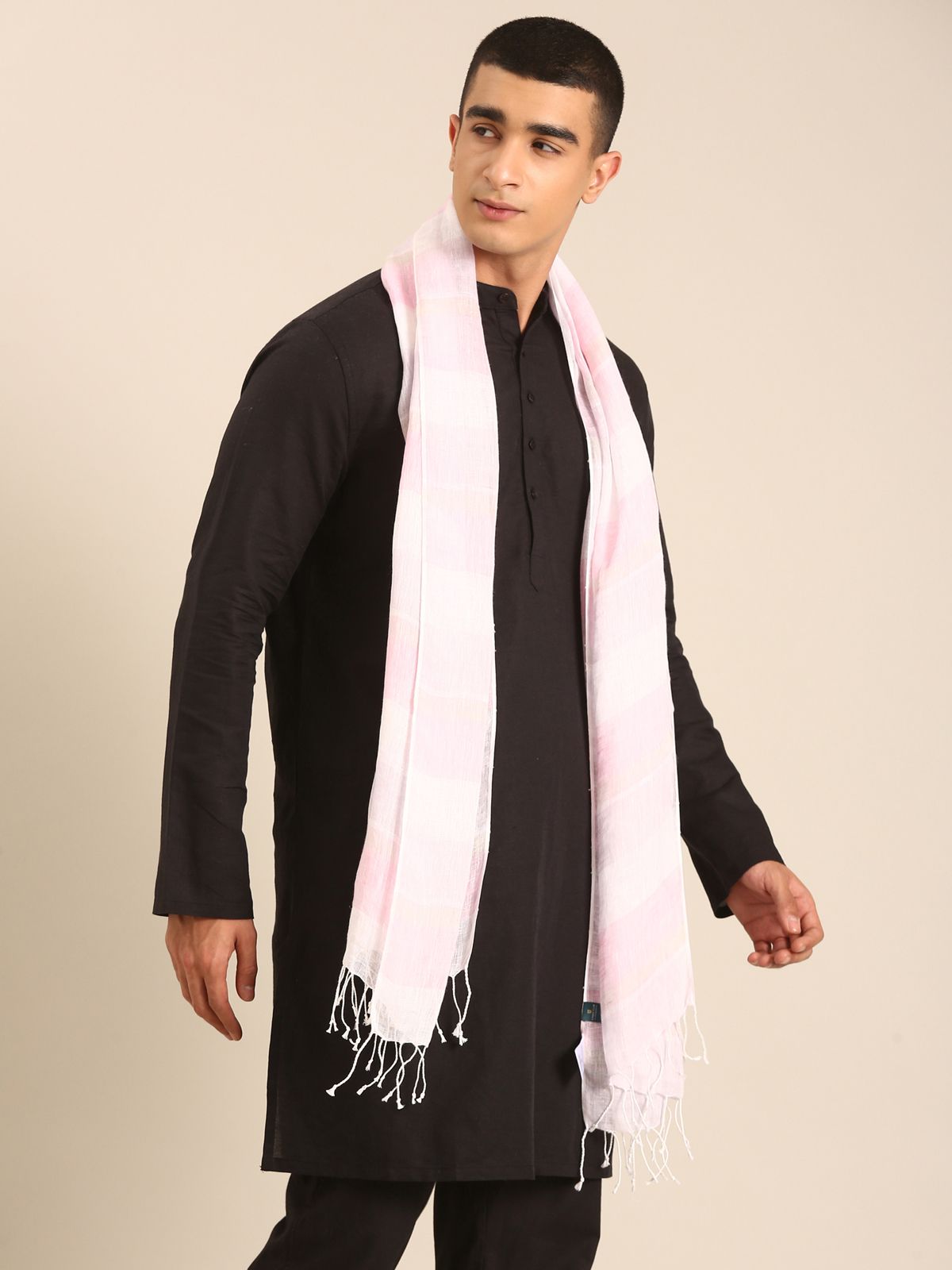 Linen Club Unisex Linen Stole Striped Cream (Size:Free)