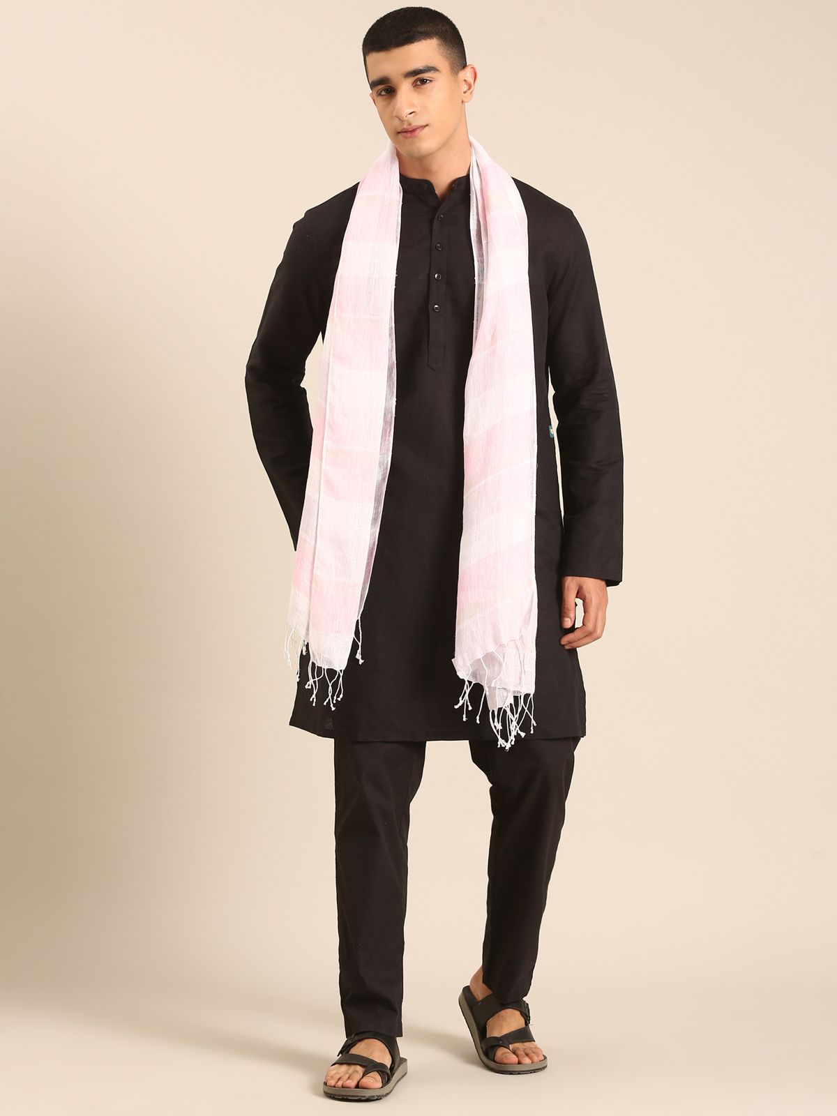 Linen Club Unisex Linen Stole Striped Cream (Size:Free)