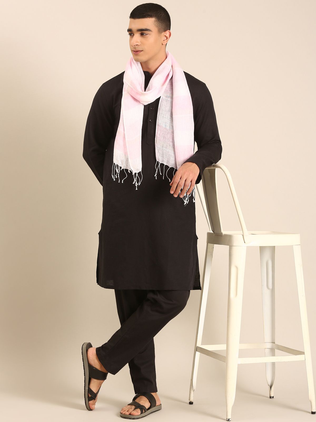 Linen Club Unisex Linen Stole Striped Cream (Size:Free)