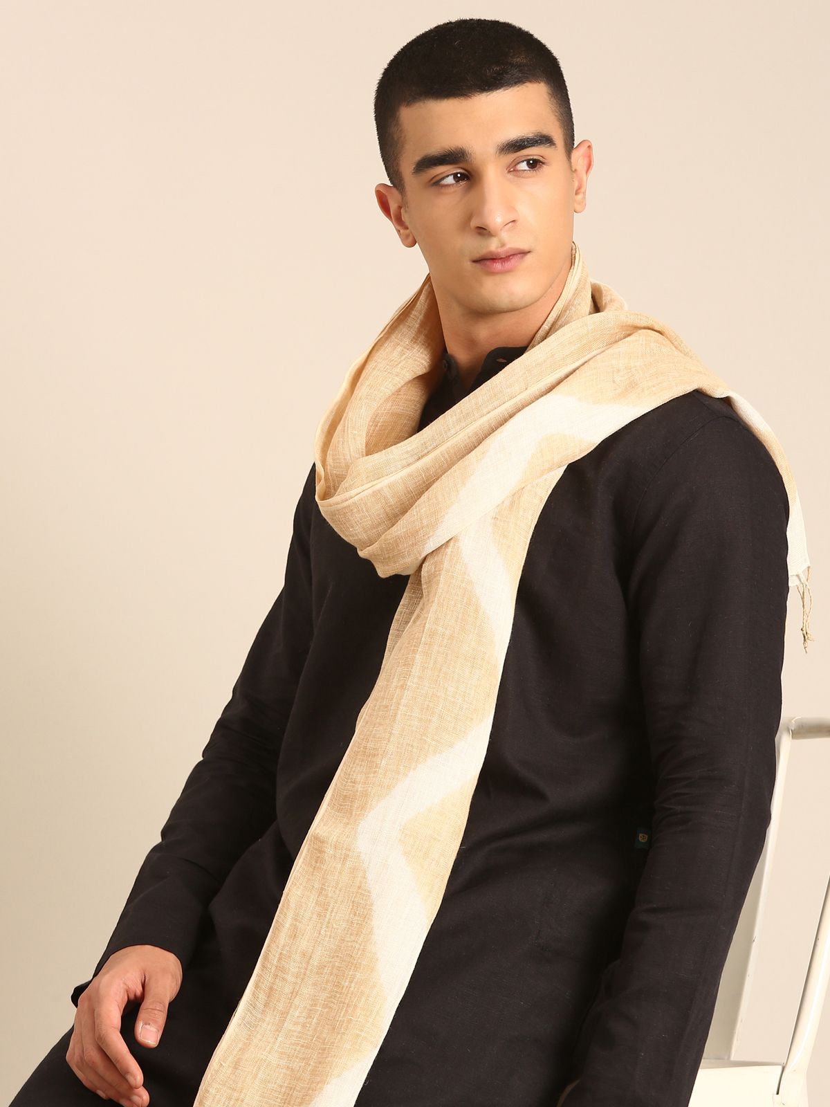 Linen Club Unisex Linen Stole Chevron Beige  (Size:Free)