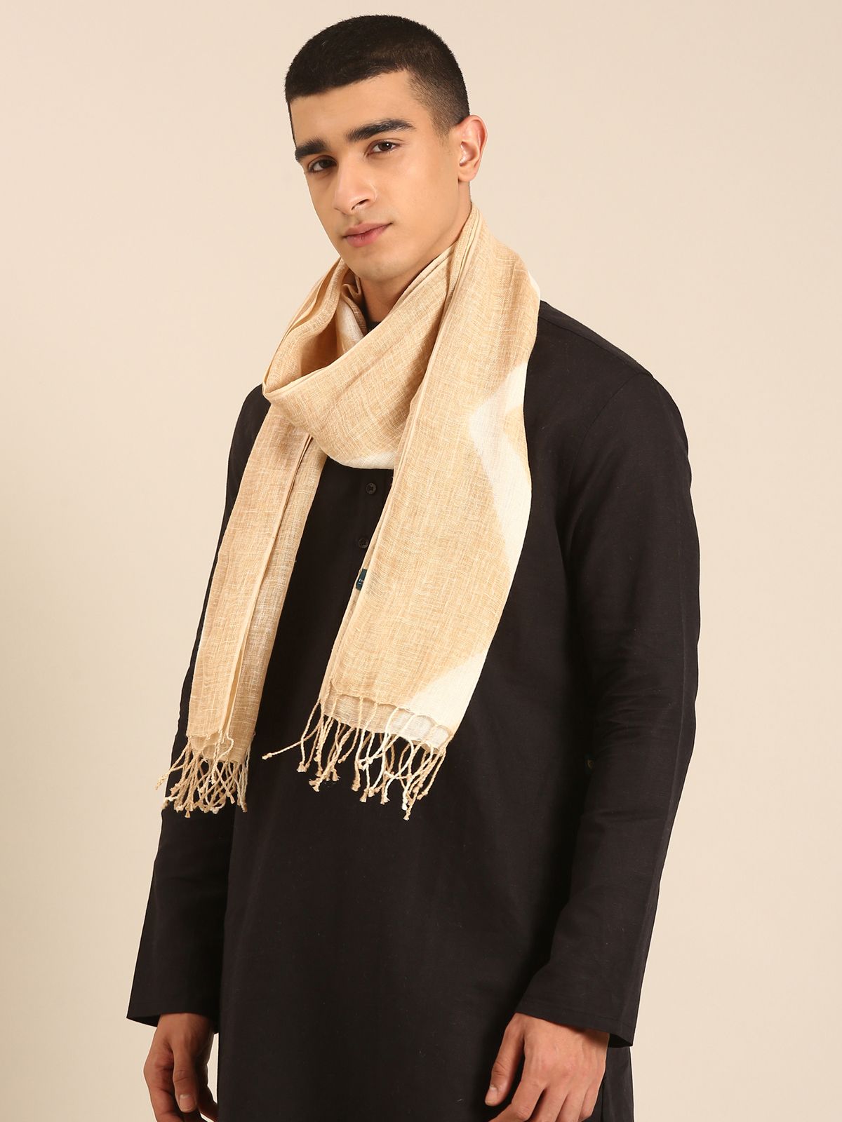 Linen Club Unisex Linen Stole Chevron Beige  (Size:Free)