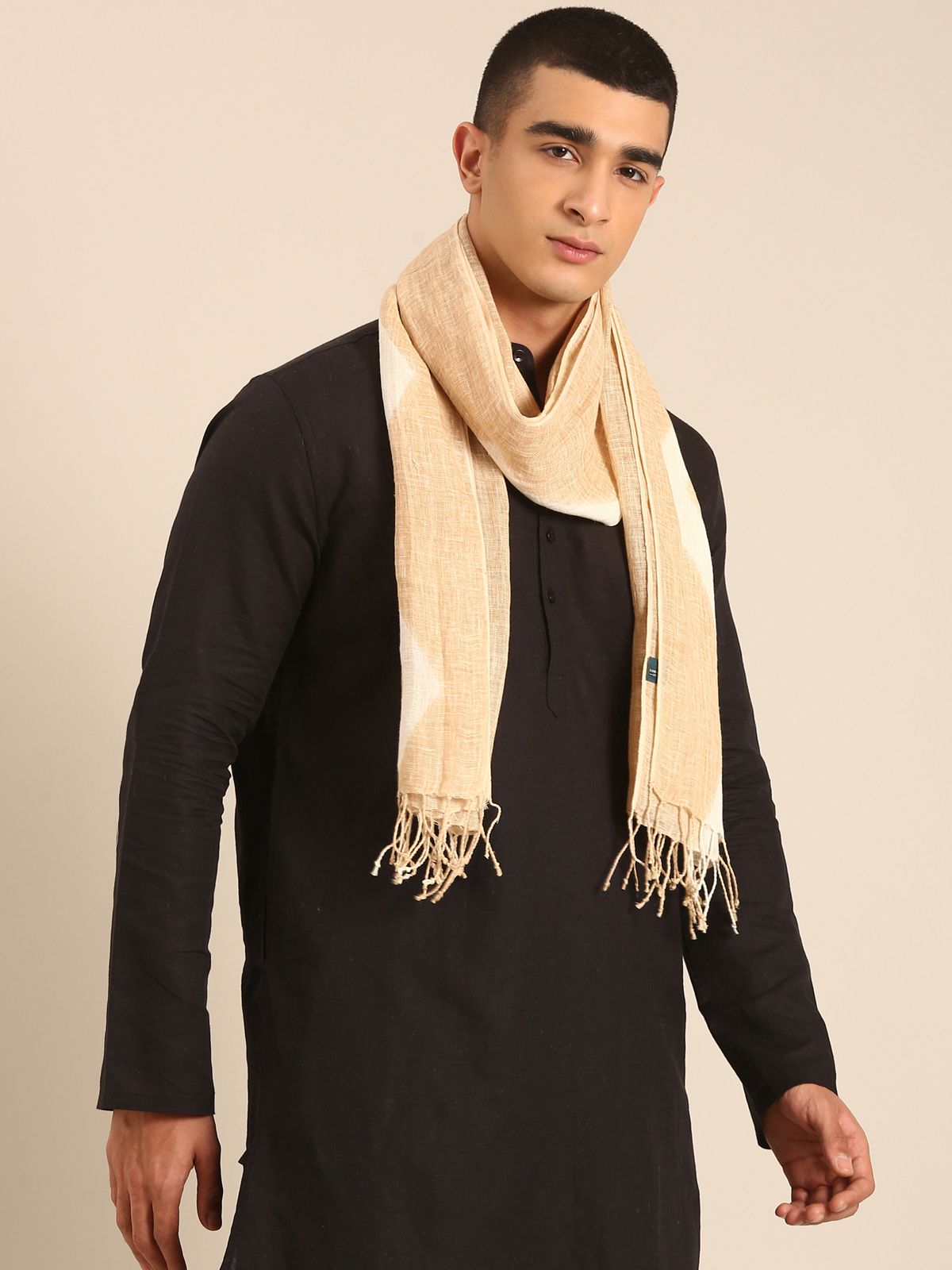 Linen Club Unisex Linen Stole Chevron Beige  (Size:Free)