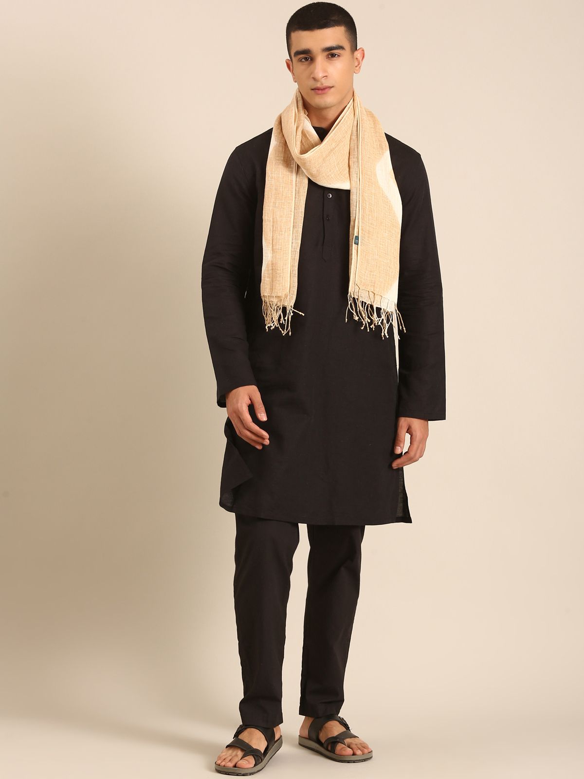 Linen Club Unisex Linen Stole Chevron Beige  (Size:Free)