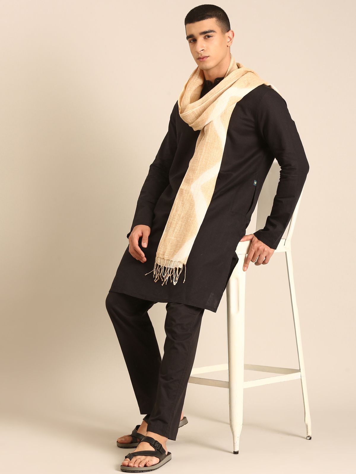 Linen Club Unisex Linen Stole Chevron Beige  (Size:Free)