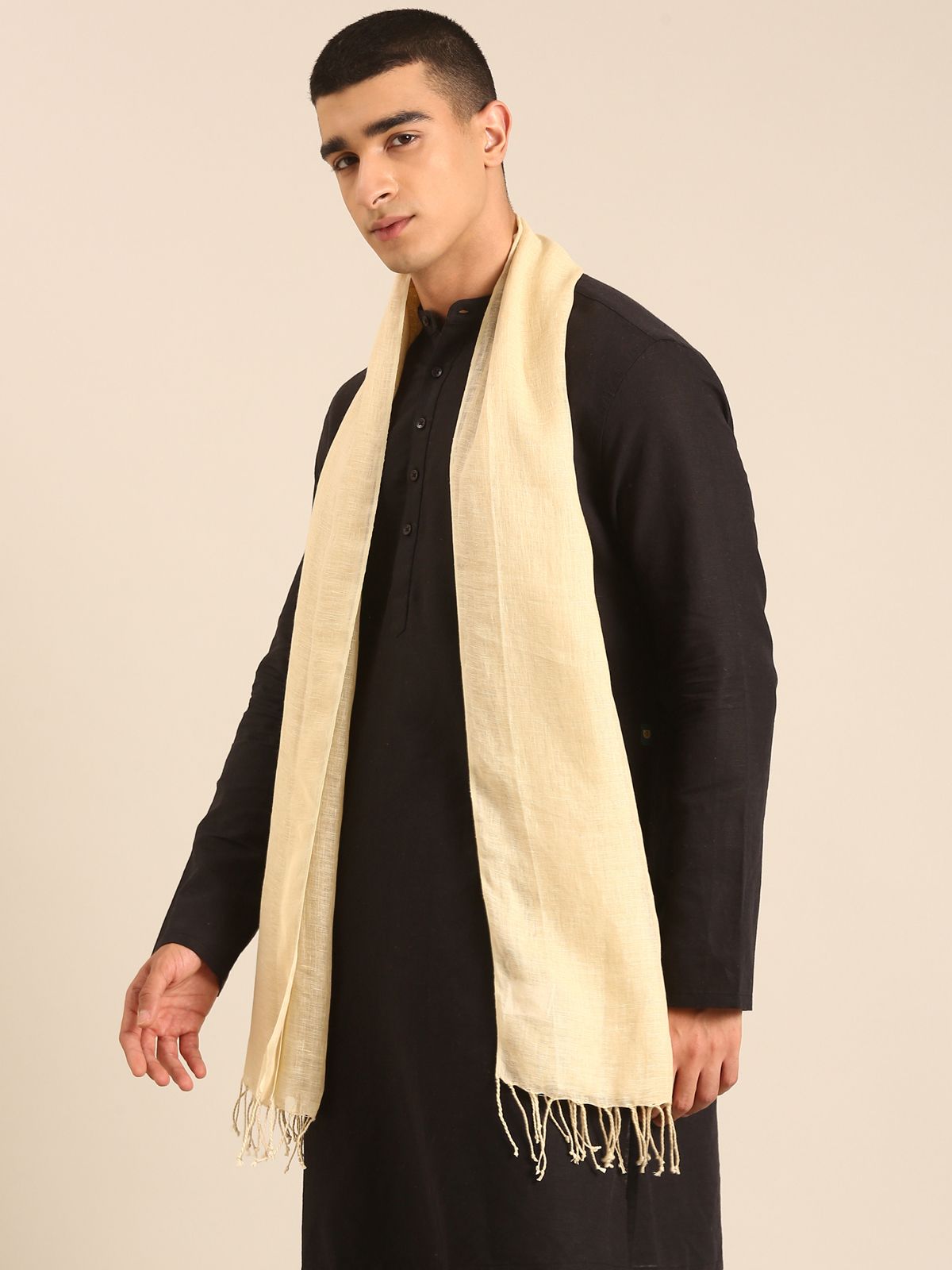 Linen Club Unisex Linen Stole Solid Pale Yellow (Size:Free)