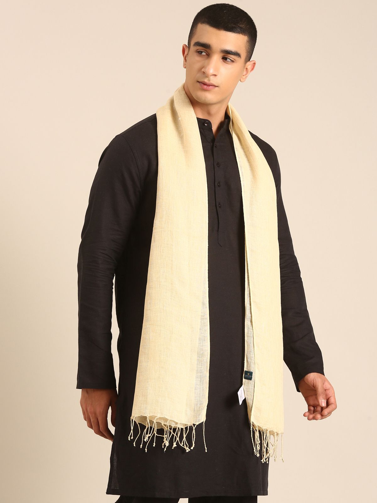 Linen Club Unisex Linen Stole Solid Pale Yellow (Size:Free)