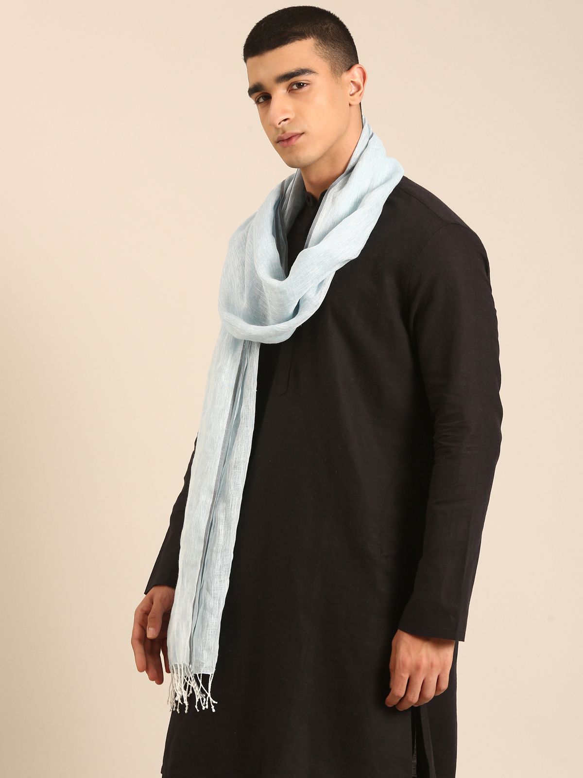 Linen Club Unisex Linen Stole Solid Light Blue (Size:Free)