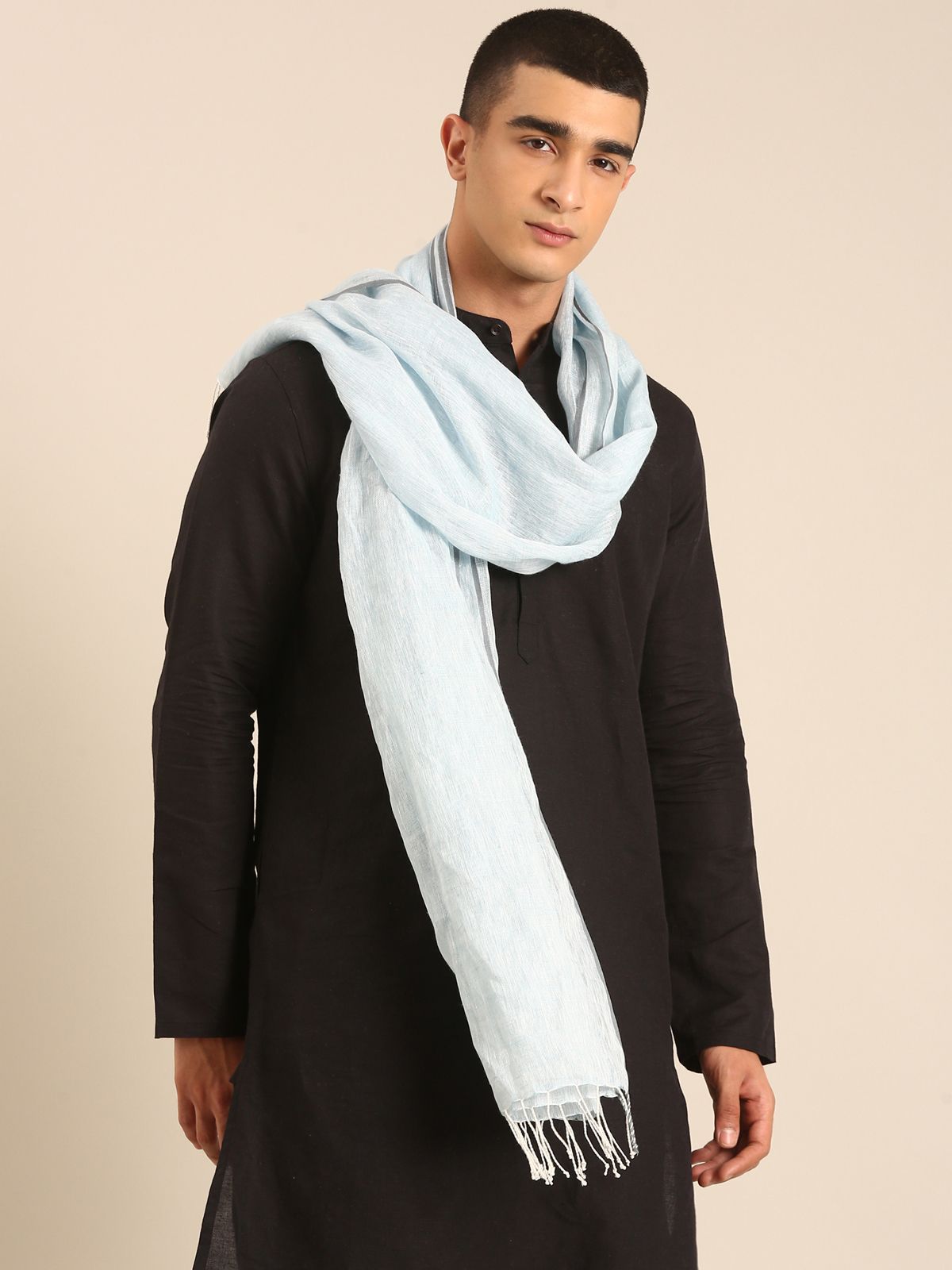 Linen Club Unisex Linen Stole Solid Light Blue (Size:Free)