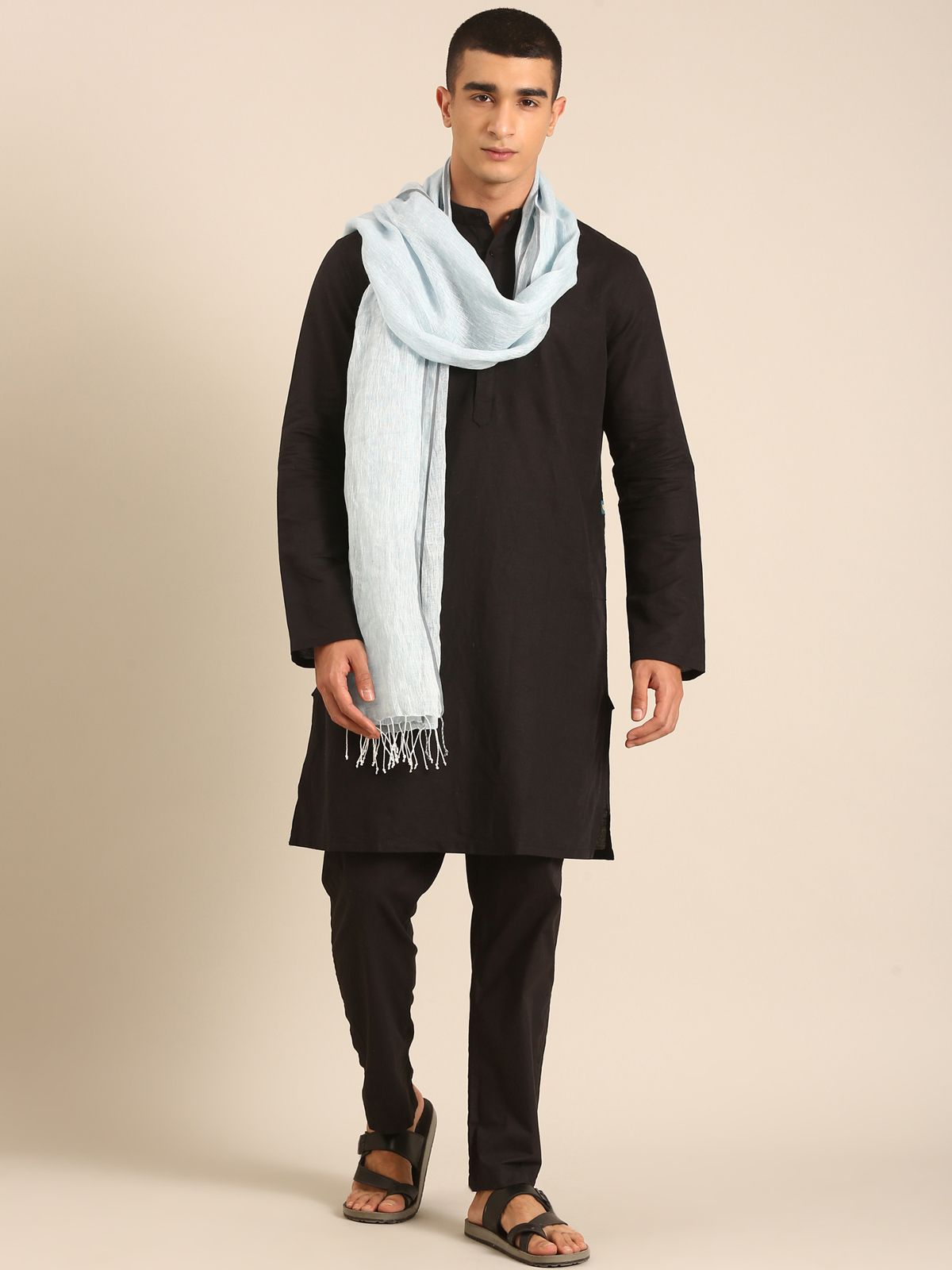 Linen Club Unisex Linen Stole Solid Light Blue (Size:Free)