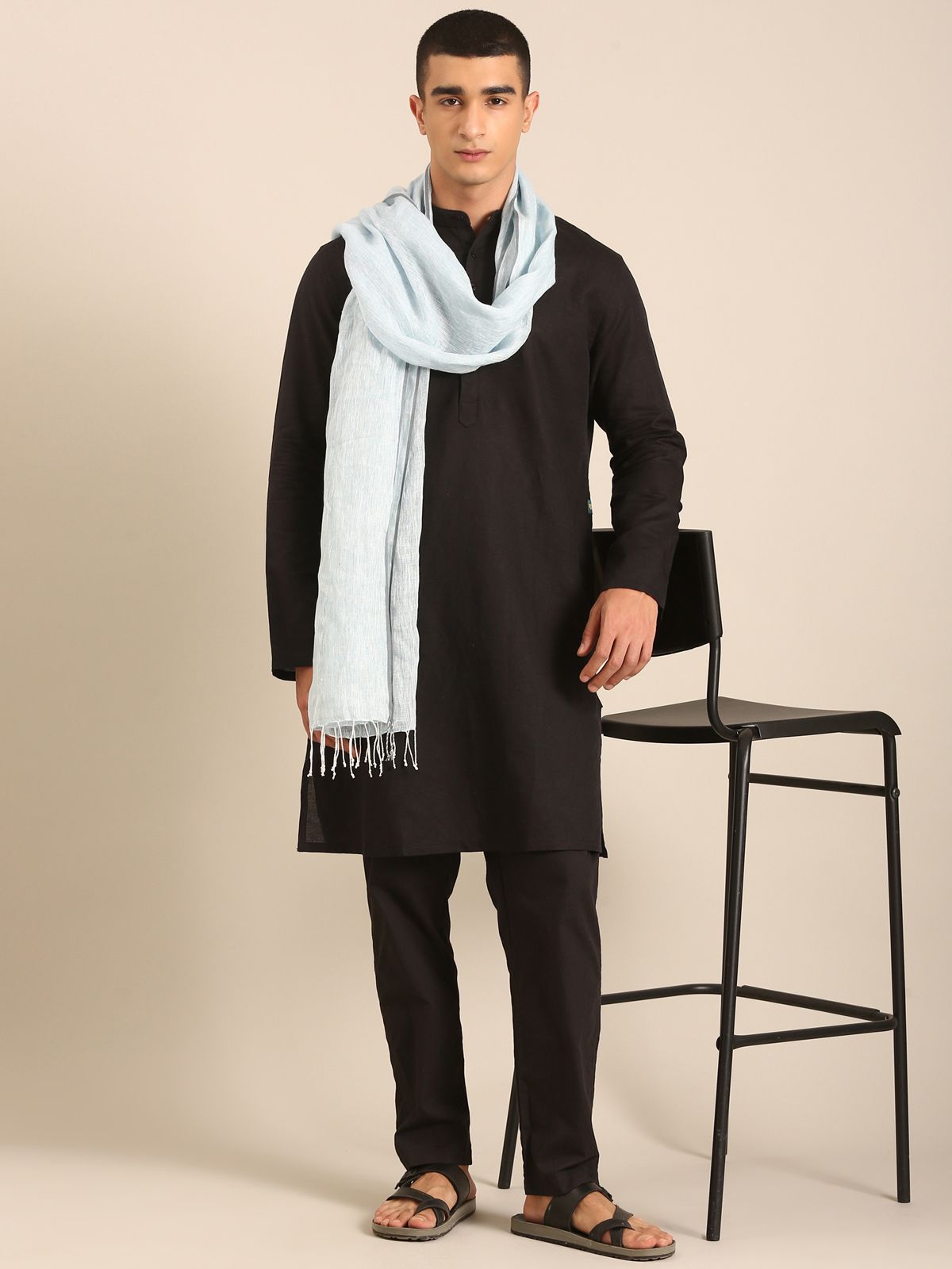 Linen Club Unisex Linen Stole Solid Light Blue (Size:Free)
