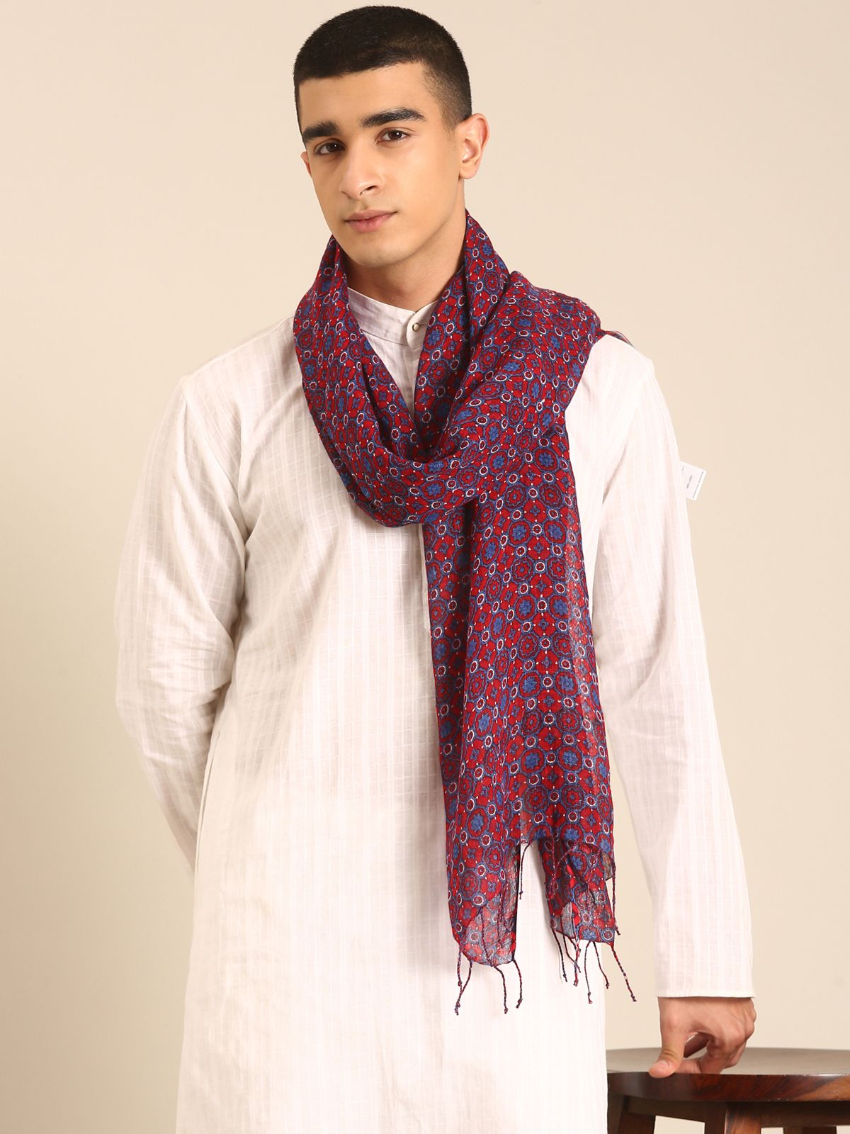 Linen Club Unisex Linen Stole Geometric Maroon  (Size:Free)