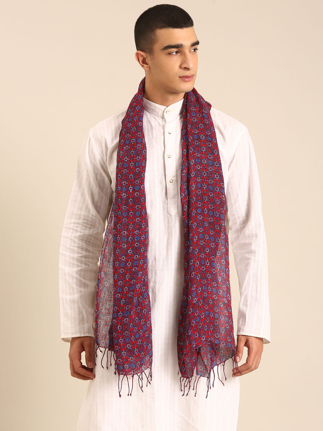 Linen Club Unisex Linen Stole Geometric Maroon  (Size:Free)