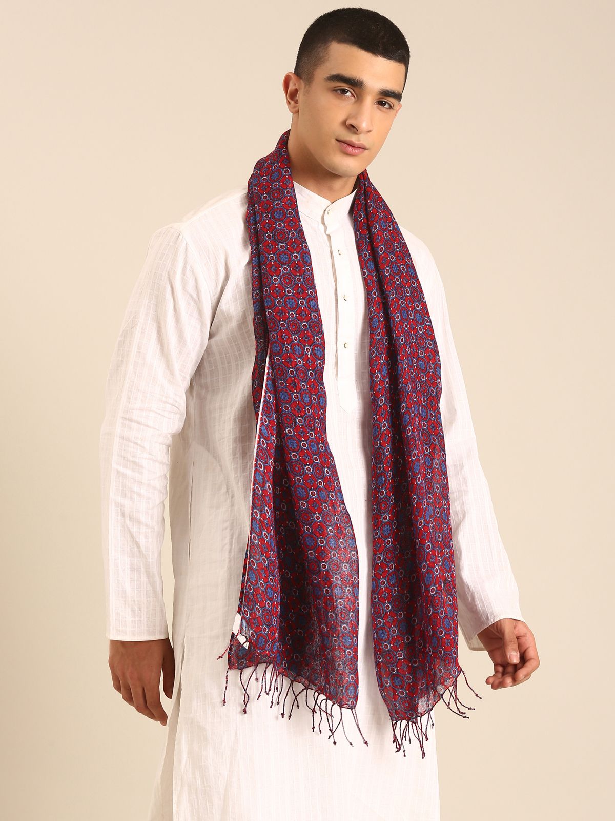 Linen Club Unisex Linen Stole Geometric Maroon  (Size:Free)