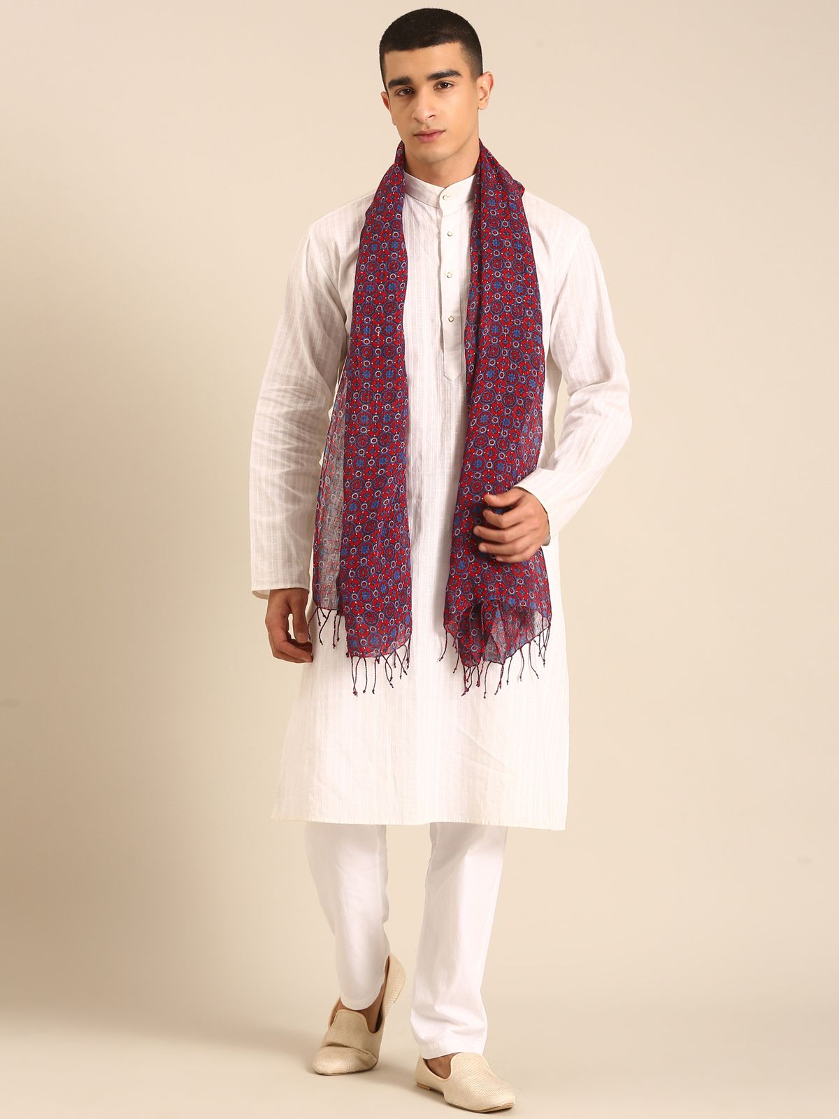 Linen Club Unisex Linen Stole Geometric Maroon  (Size:Free)