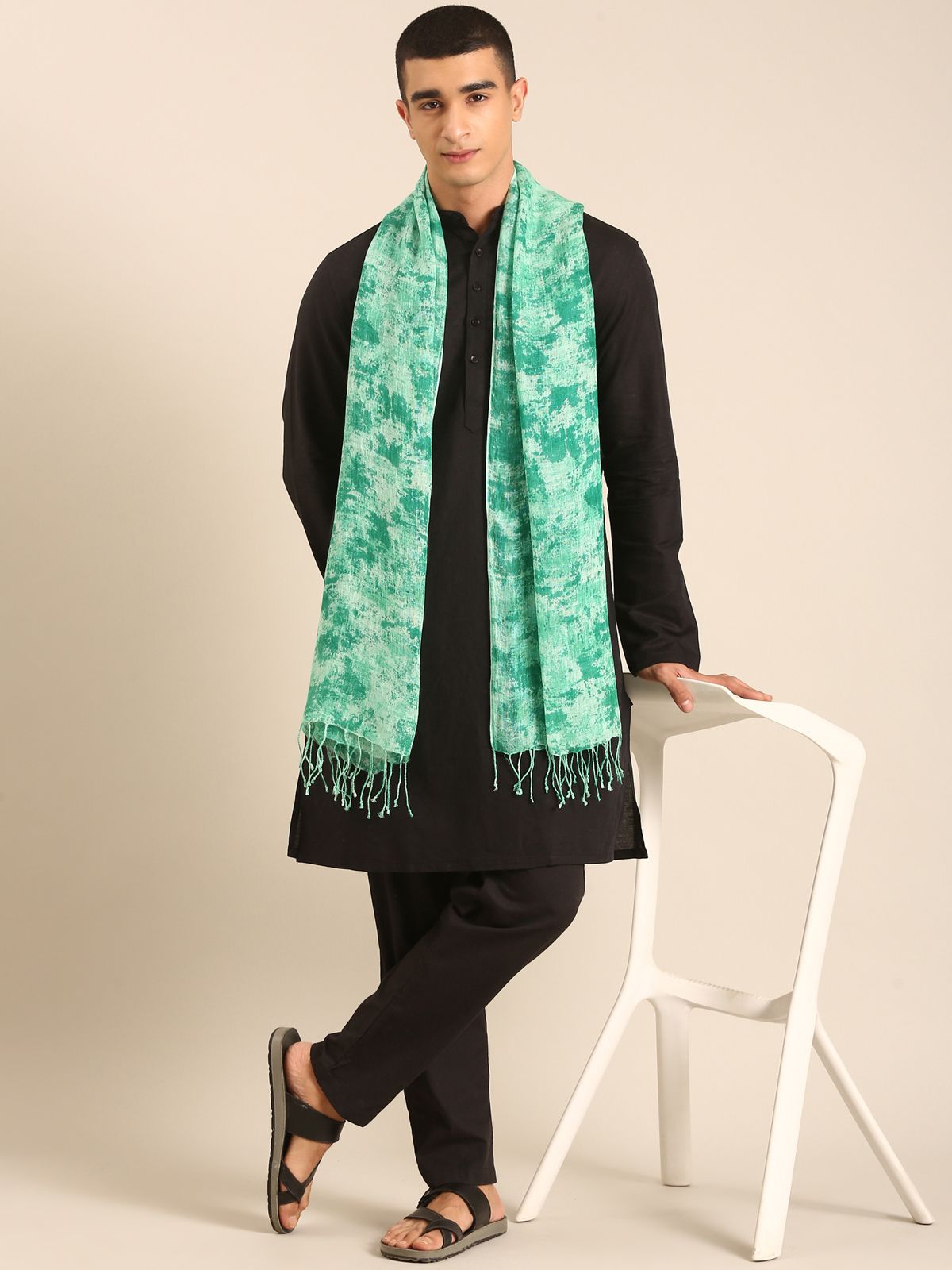Linen Club Unisex Linen Stole Camouflage Mint Green (Size:Free)