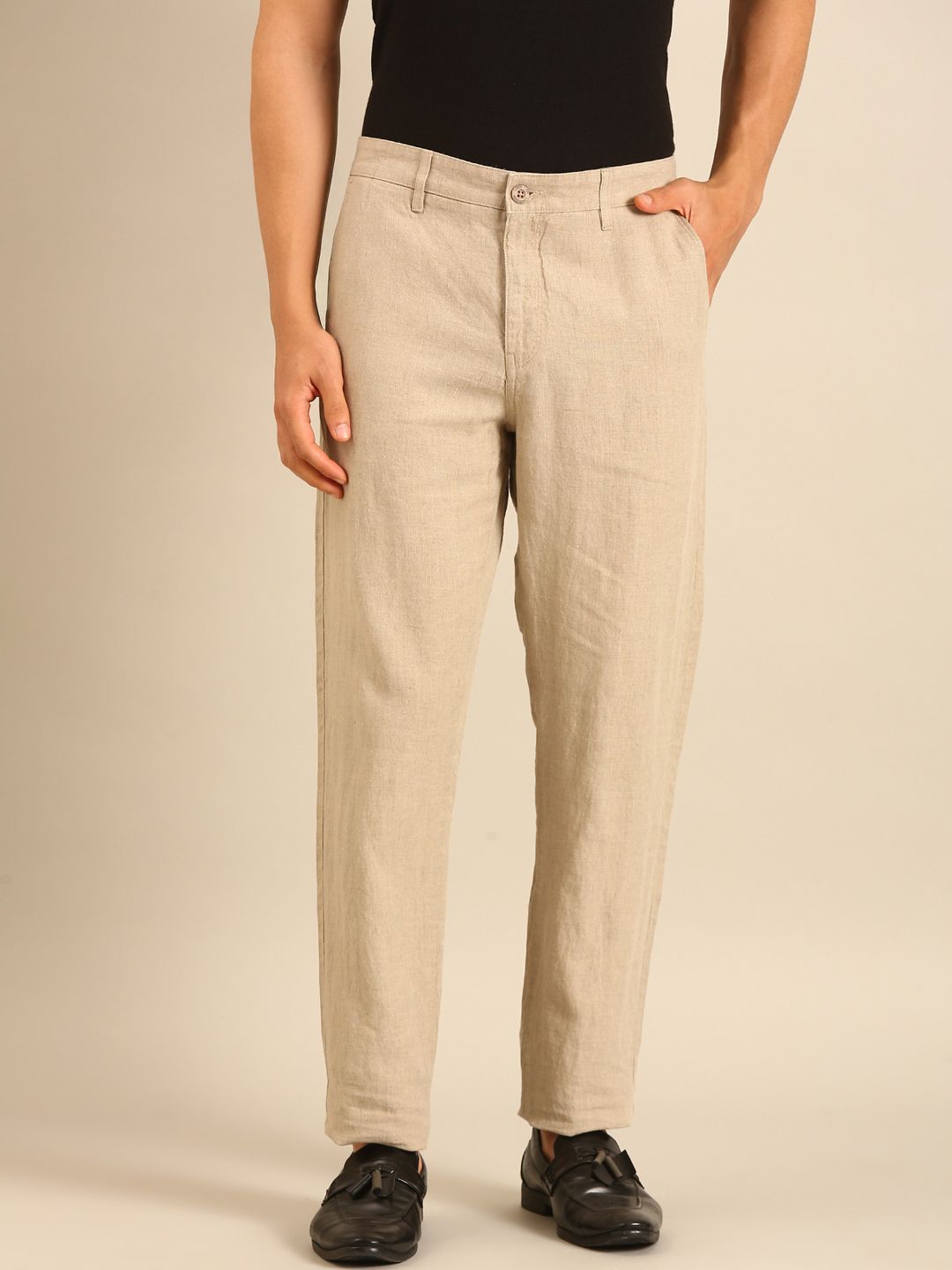 Linen Club Men's Linen Beige Solid Contemporary Fit Casual Trouser