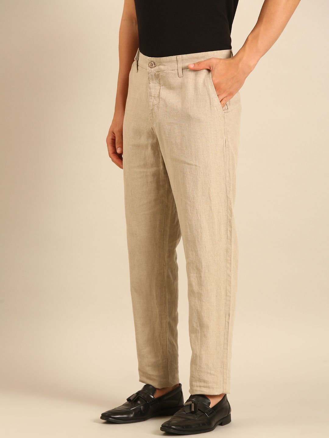 Linen Club Men's Linen Beige Solid Contemporary Fit Casual Trouser