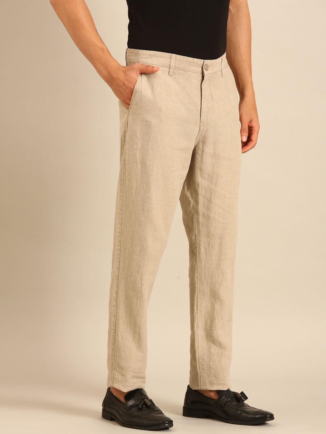 Linen Club Men's Linen Beige Solid Contemporary Fit Casual Trouser