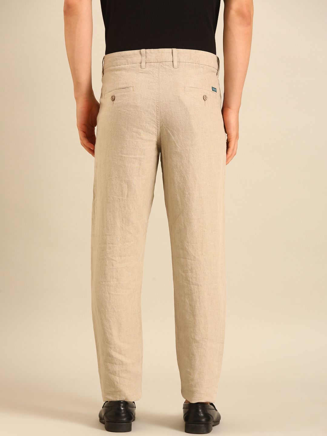 Linen Club Men's Linen Beige Solid Contemporary Fit Casual Trouser