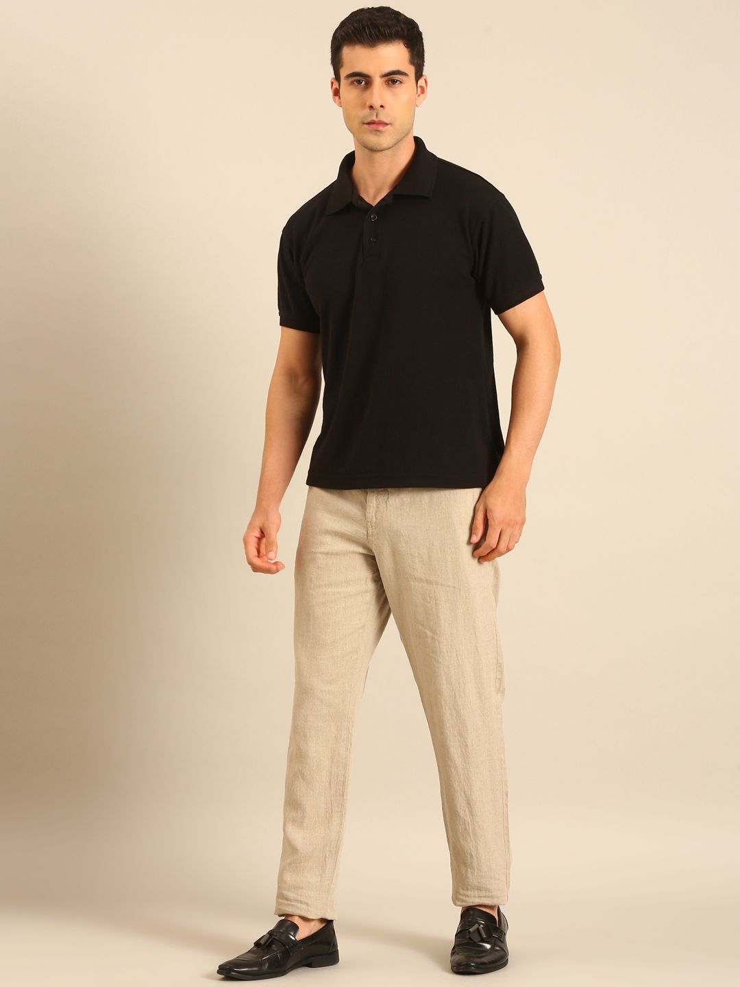 Linen Club Men's Linen Beige Solid Contemporary Fit Casual Trouser