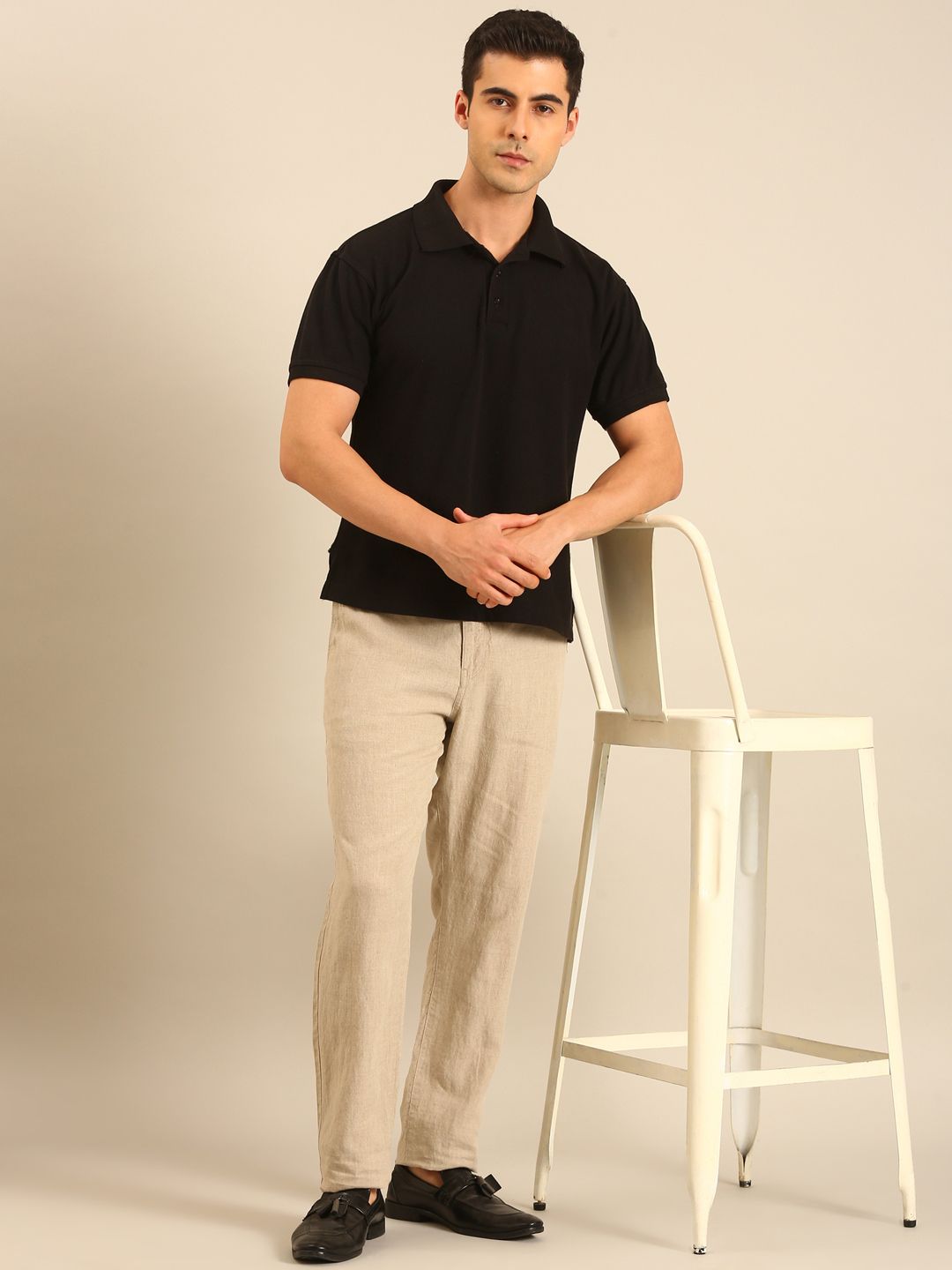 Linen Club Men's Linen Beige Solid Contemporary Fit Casual Trouser