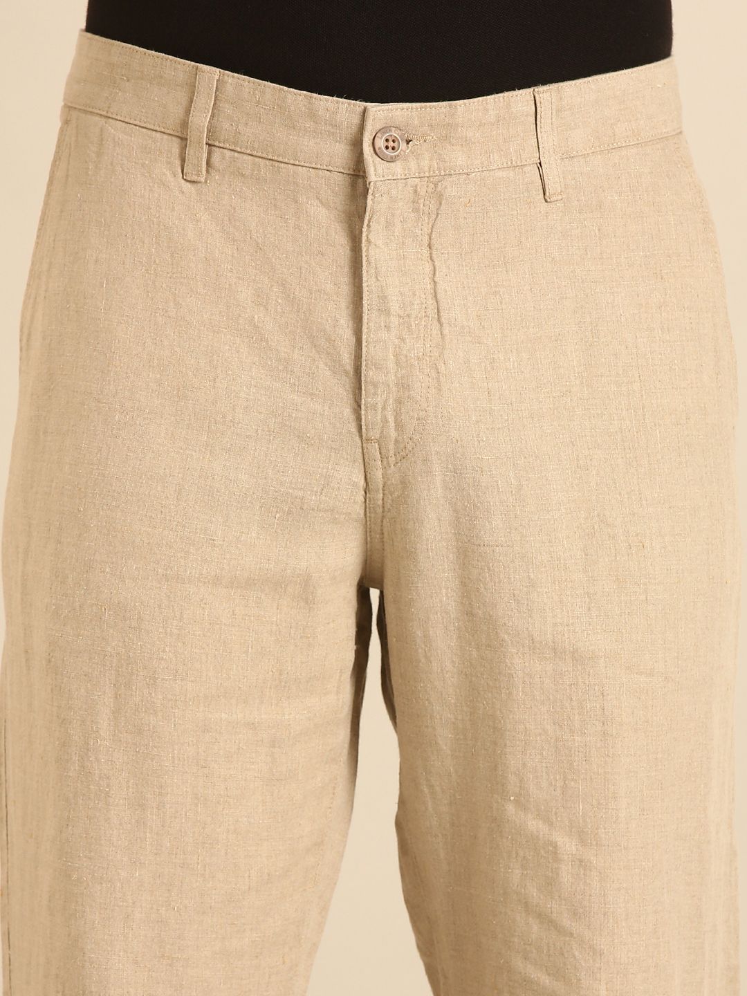 Linen Club Men's Linen Beige Solid Contemporary Fit Casual Trouser