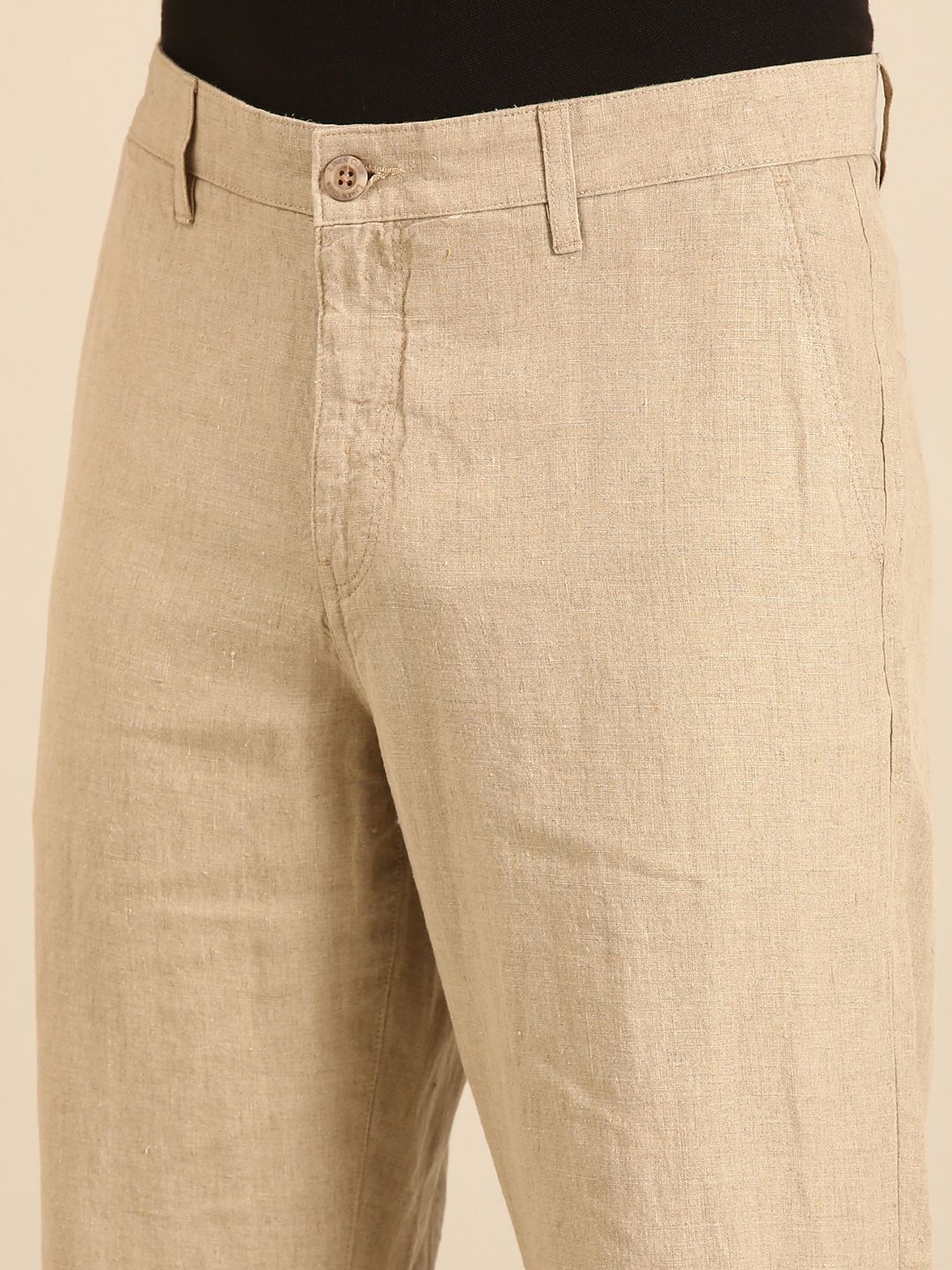 Linen Club Men's Linen Beige Solid Contemporary Fit Casual Trouser