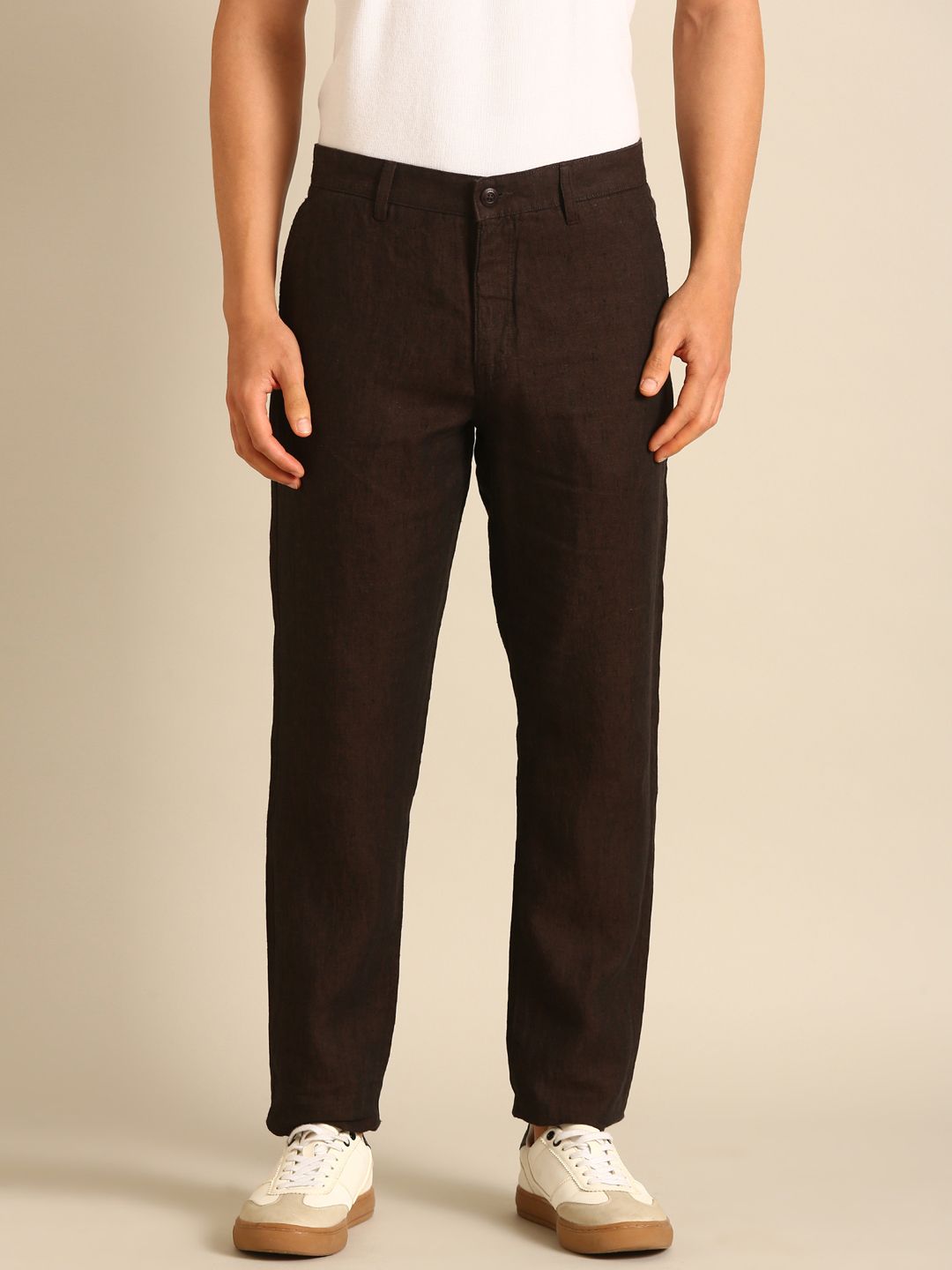Linen Club Men's Linen Dark Brown Solid Contemporary Fit Casual Trouser