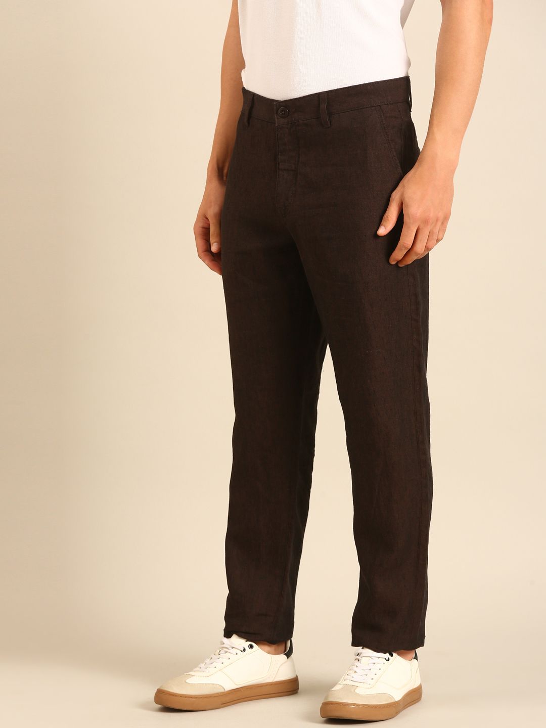 Linen Club Men's Linen Dark Brown Solid Contemporary Fit Casual Trouser