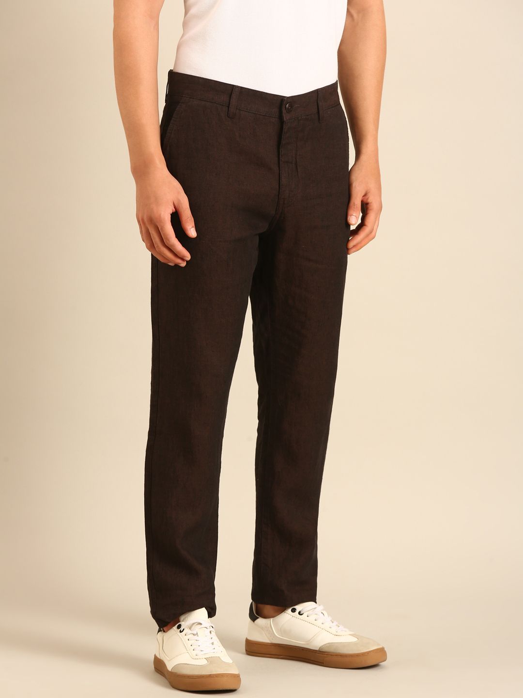 Linen Club Men's Linen Dark Brown Solid Contemporary Fit Casual Trouser