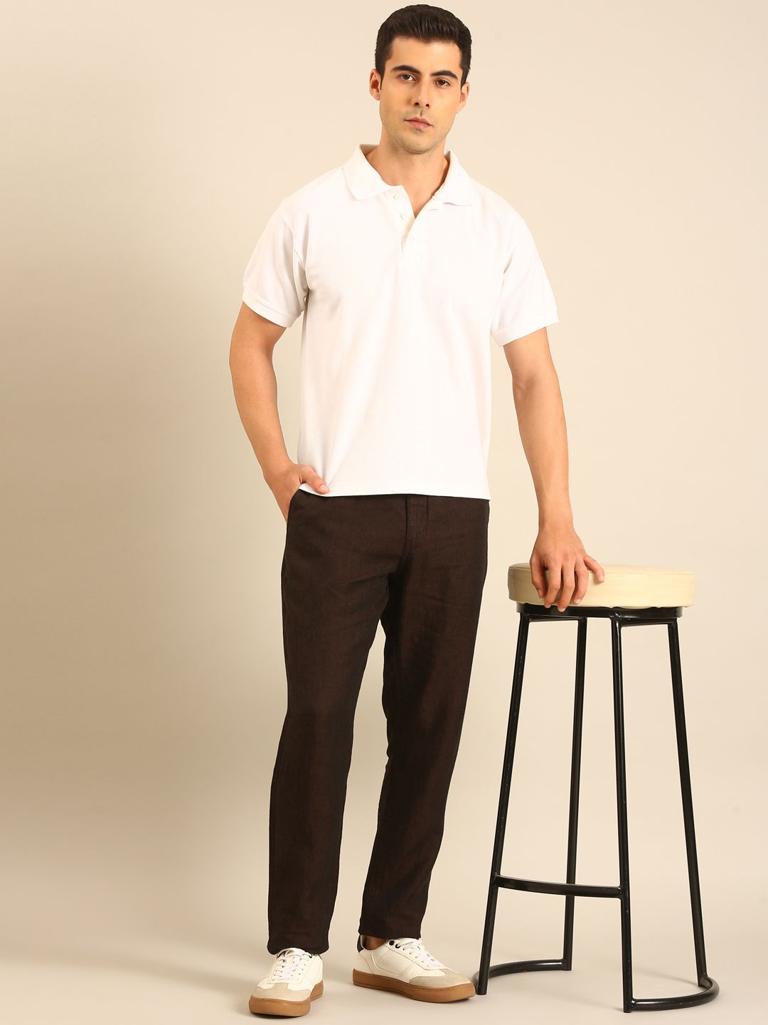 Linen Club Men's Linen Dark Brown Solid Contemporary Fit Casual Trouser