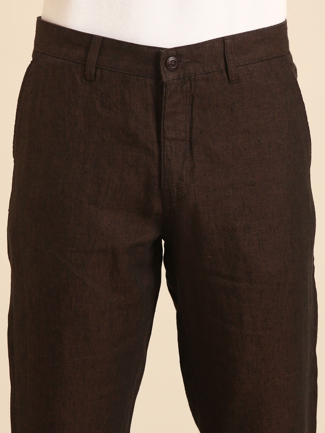Linen Club Men's Linen Dark Brown Solid Contemporary Fit Casual Trouser