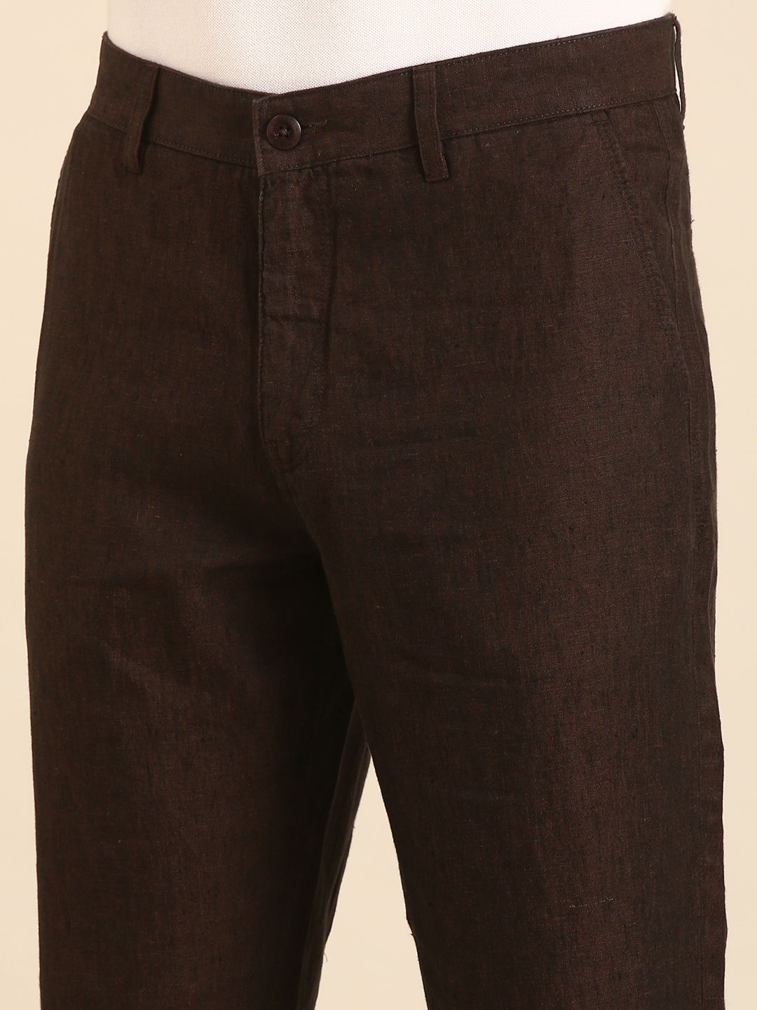 Linen Club Men's Linen Dark Brown Solid Contemporary Fit Casual Trouser
