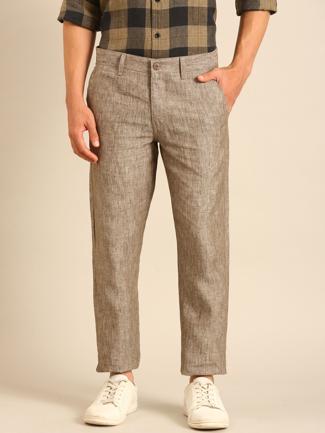 Linen Club Men's Linen Brown Solid Contemporary Fit Casual Trouser LCTRCHN020087