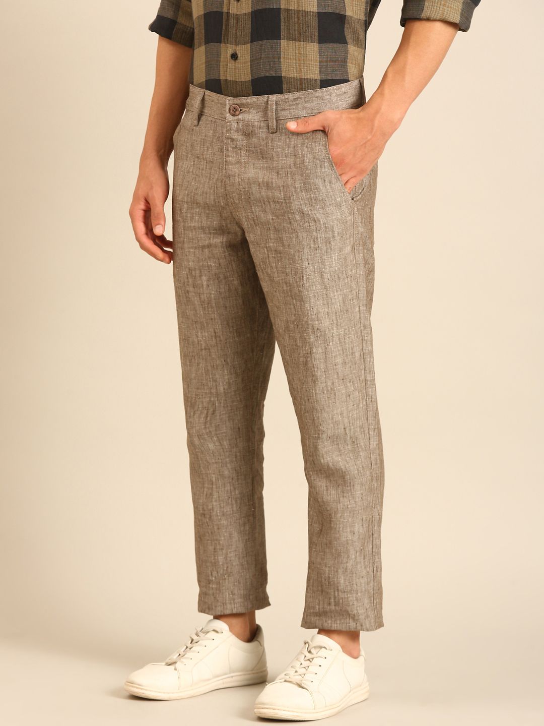 Linen Club Men's Linen Brown Solid Contemporary Fit Casual Trouser LCTRCHN020087