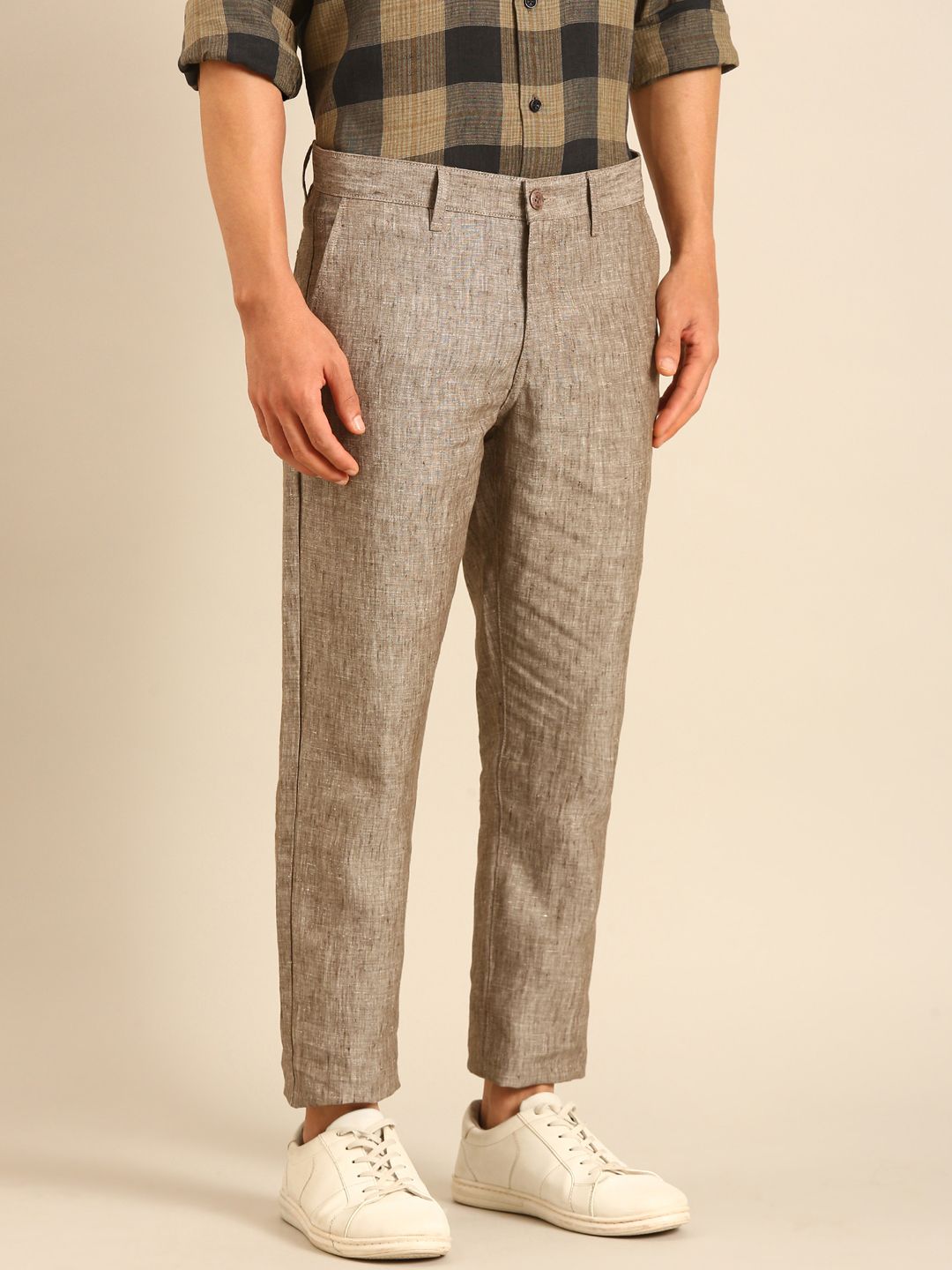 Linen Club Men's Linen Brown Solid Contemporary Fit Casual Trouser LCTRCHN020087