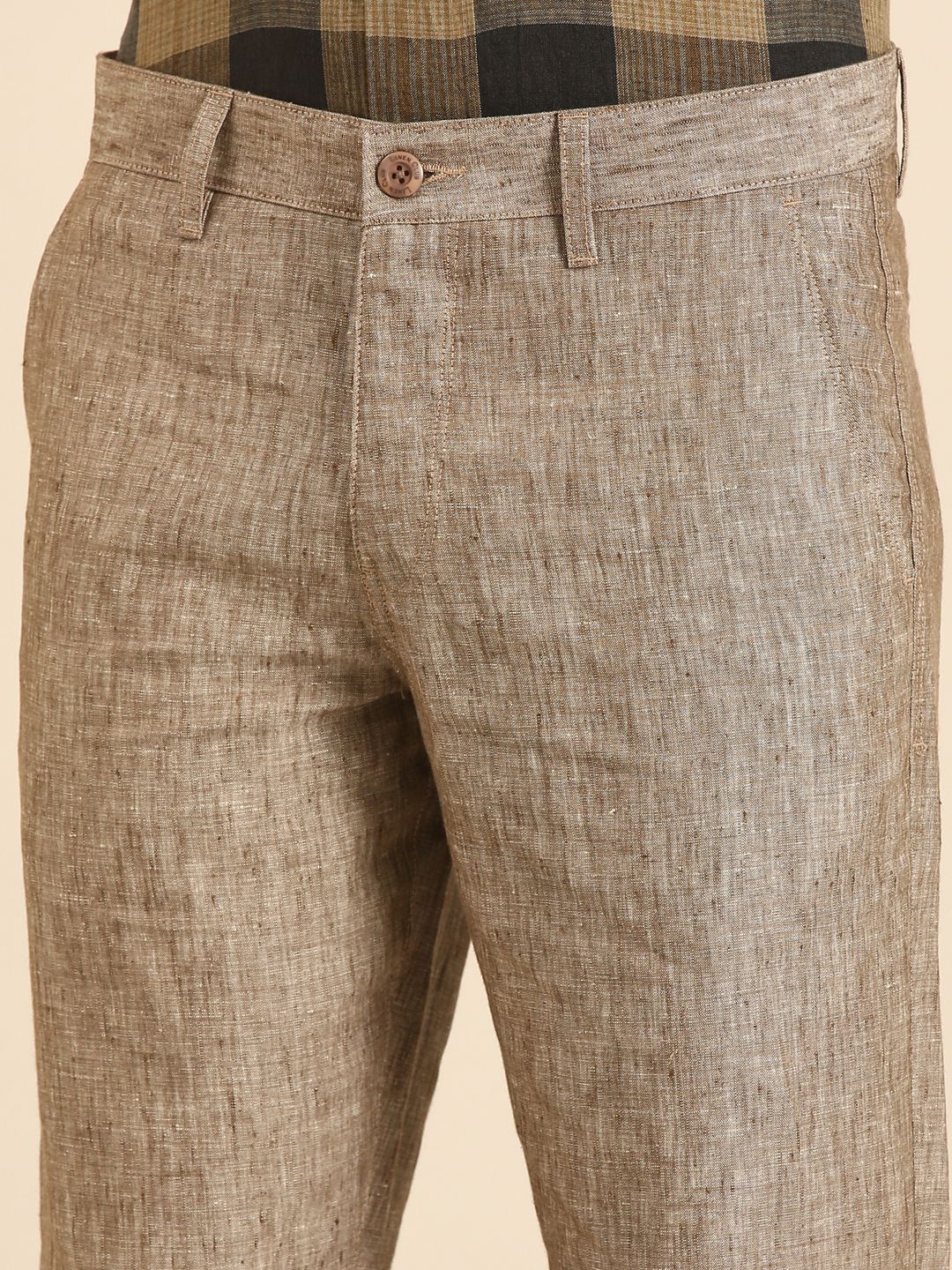 Linen Club Men's Linen Brown Solid Contemporary Fit Casual Trouser LCTRCHN020087