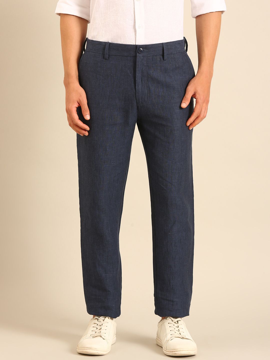 Linen Club Men's Linen Navy Blue Solid Contemporary Fit Casual Trouser