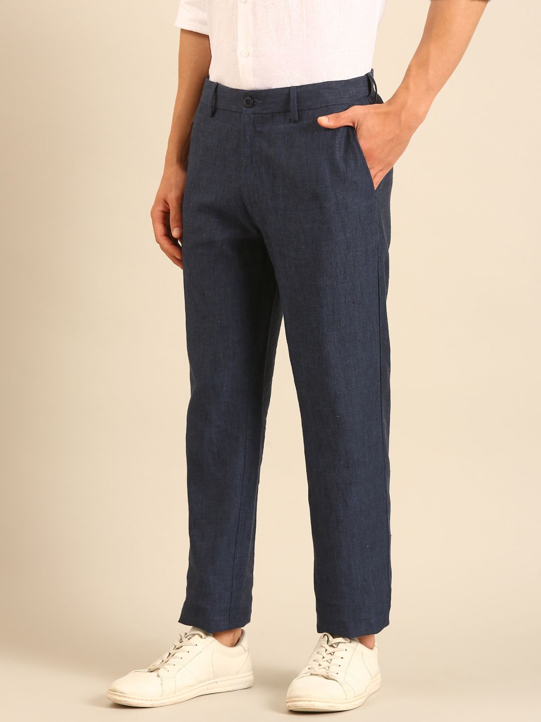 Linen Club Men's Linen Navy Blue Solid Contemporary Fit Casual Trouser