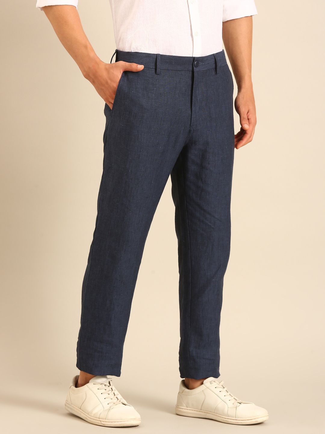 Linen Club Men's Linen Navy Blue Solid Contemporary Fit Casual Trouser