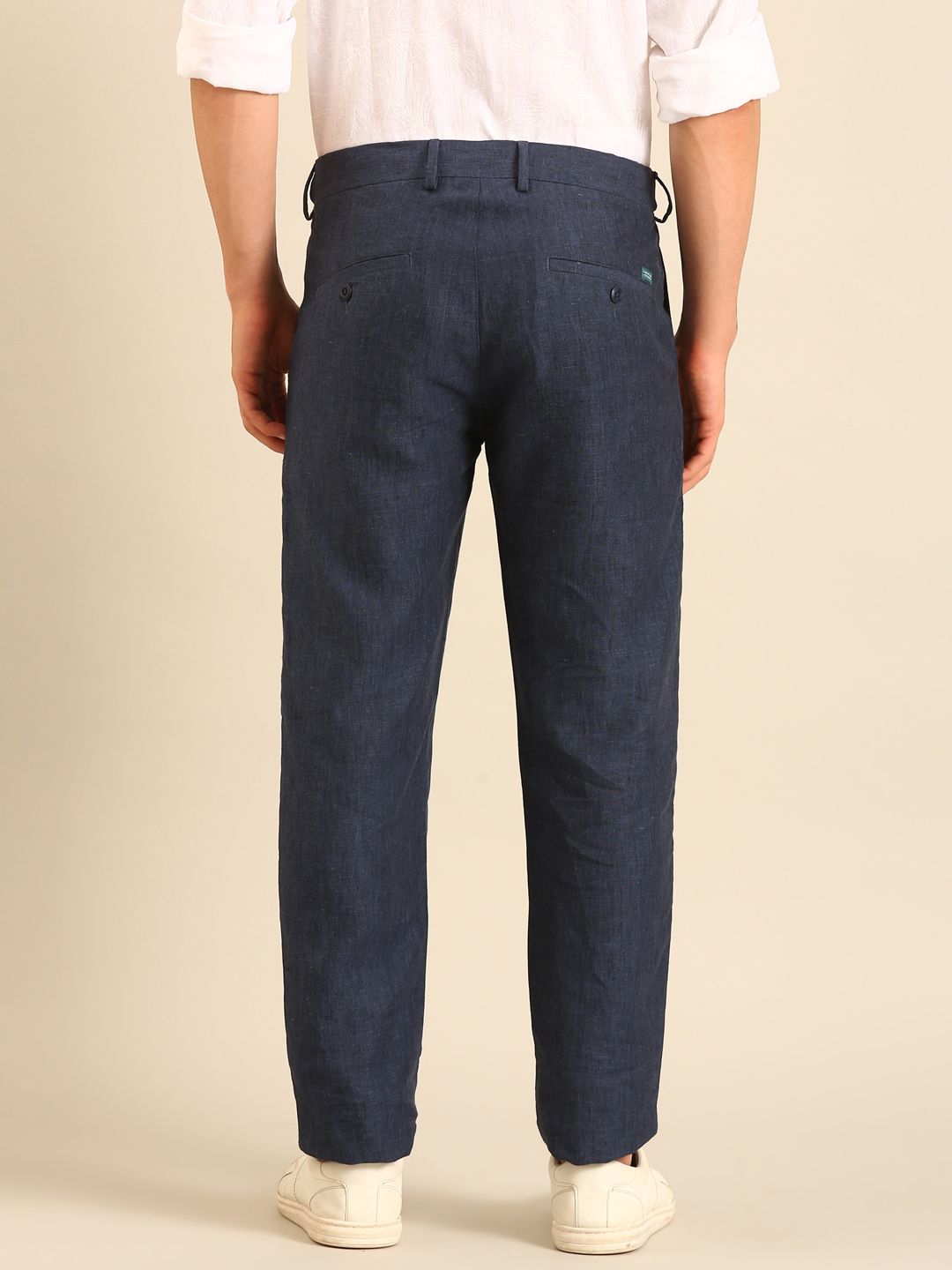 Linen Club Men's Linen Navy Blue Solid Contemporary Fit Casual Trouser