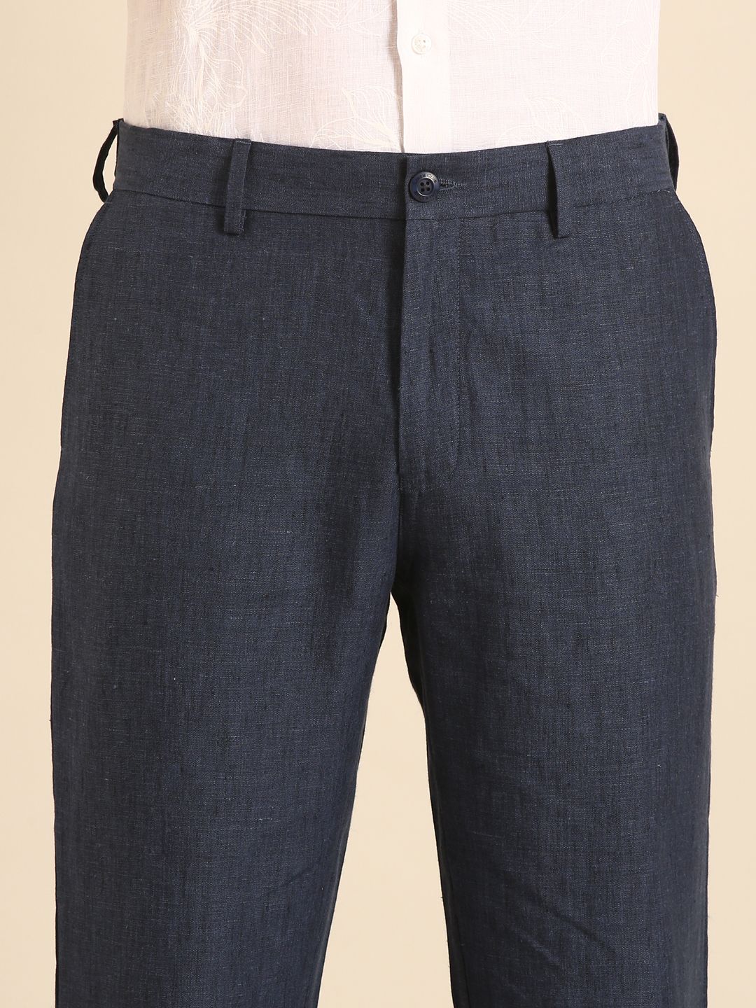Linen Club Men's Linen Navy Blue Solid Contemporary Fit Casual Trouser