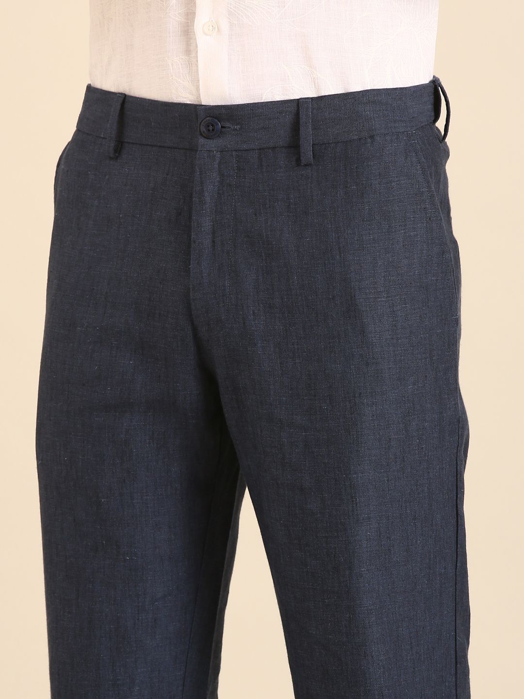 Linen Club Men's Linen Navy Blue Solid Contemporary Fit Casual Trouser