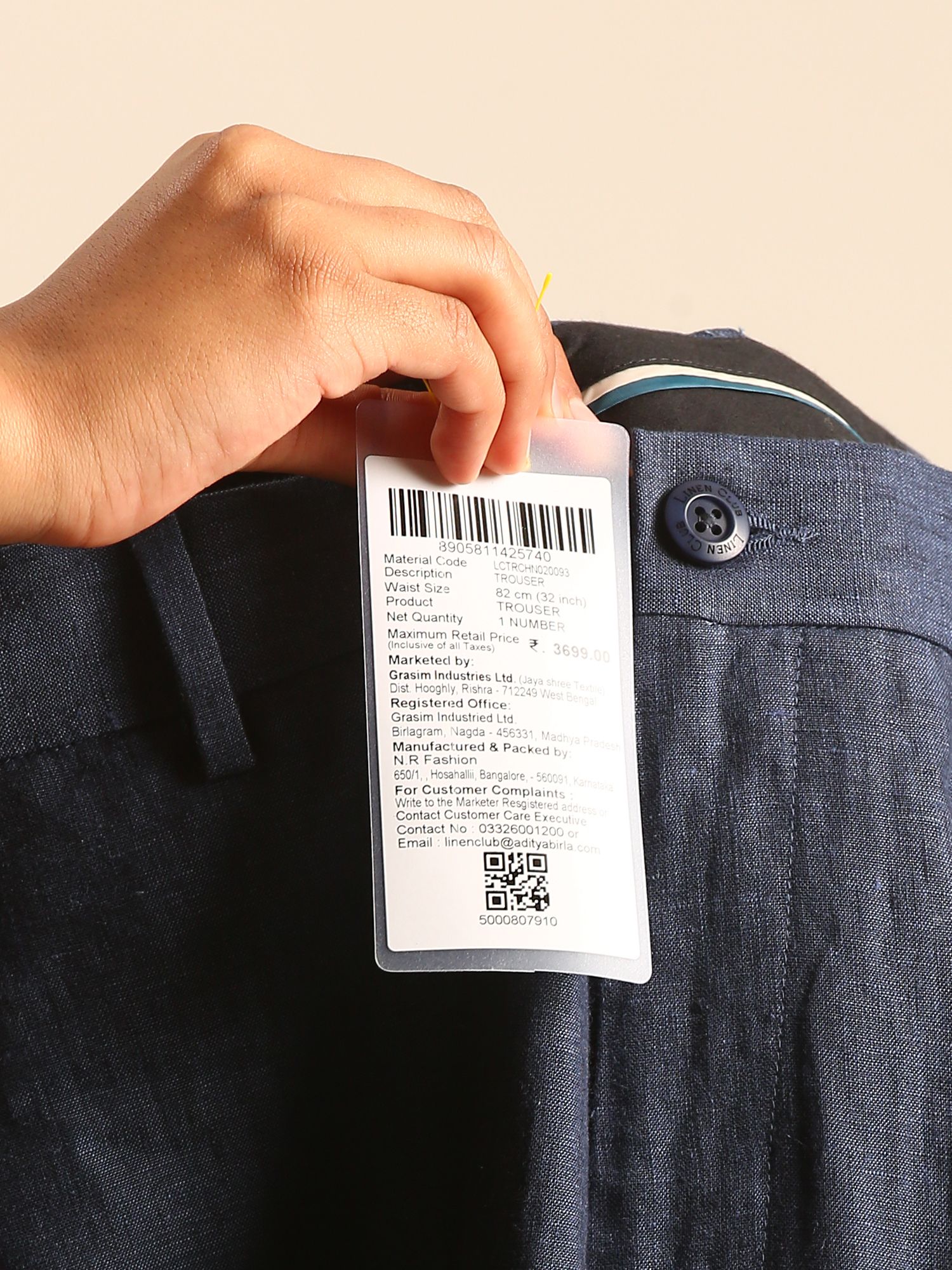 Linen Club Men's Linen Navy Blue Solid Contemporary Fit Casual Trouser