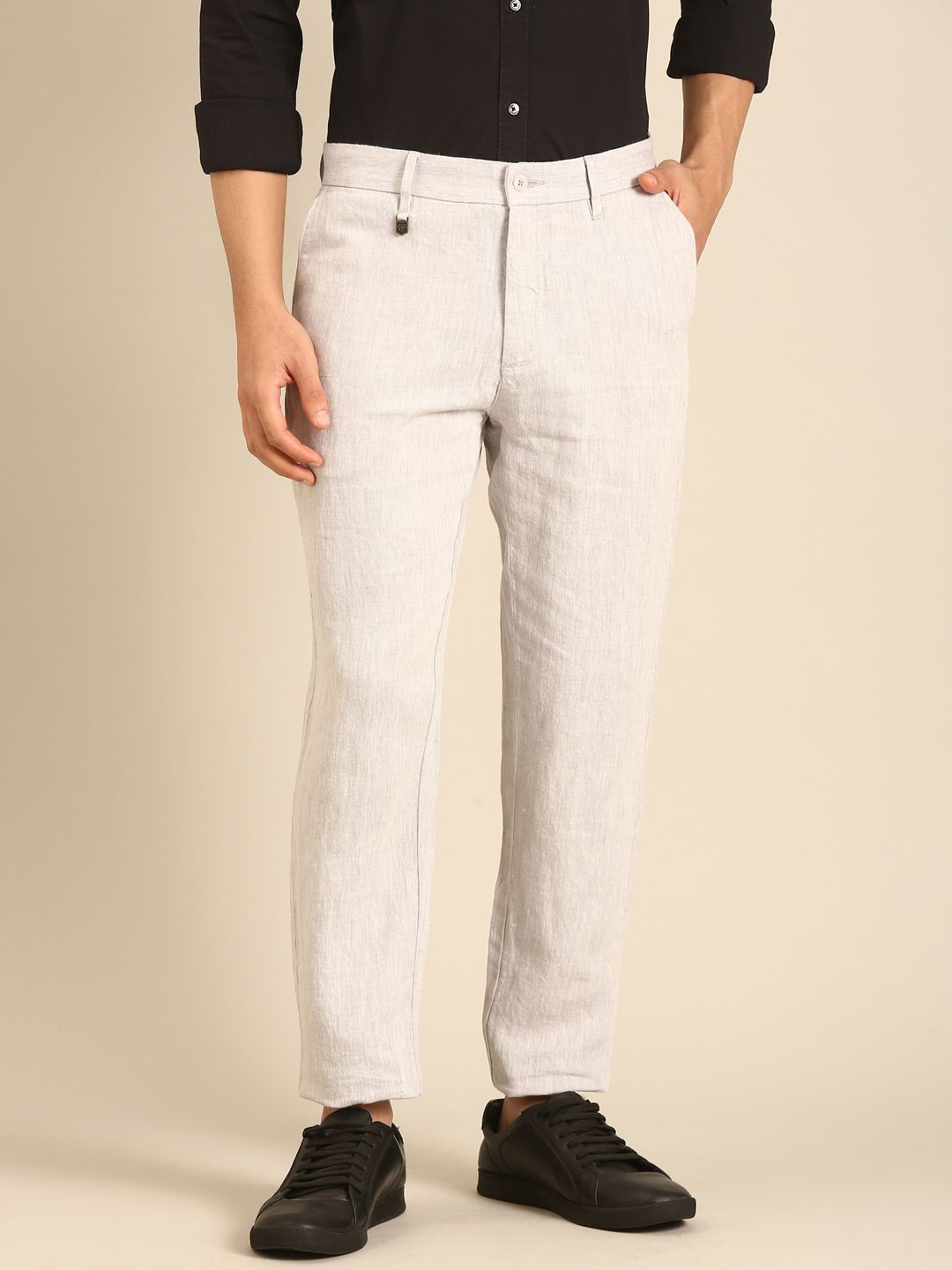 Linen Club Men's Linen Light Grey Solid Contemporary Fit Casual Trouser