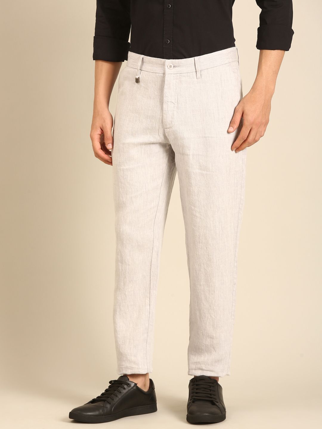 Linen Club Men's Linen Light Grey Solid Contemporary Fit Casual Trouser