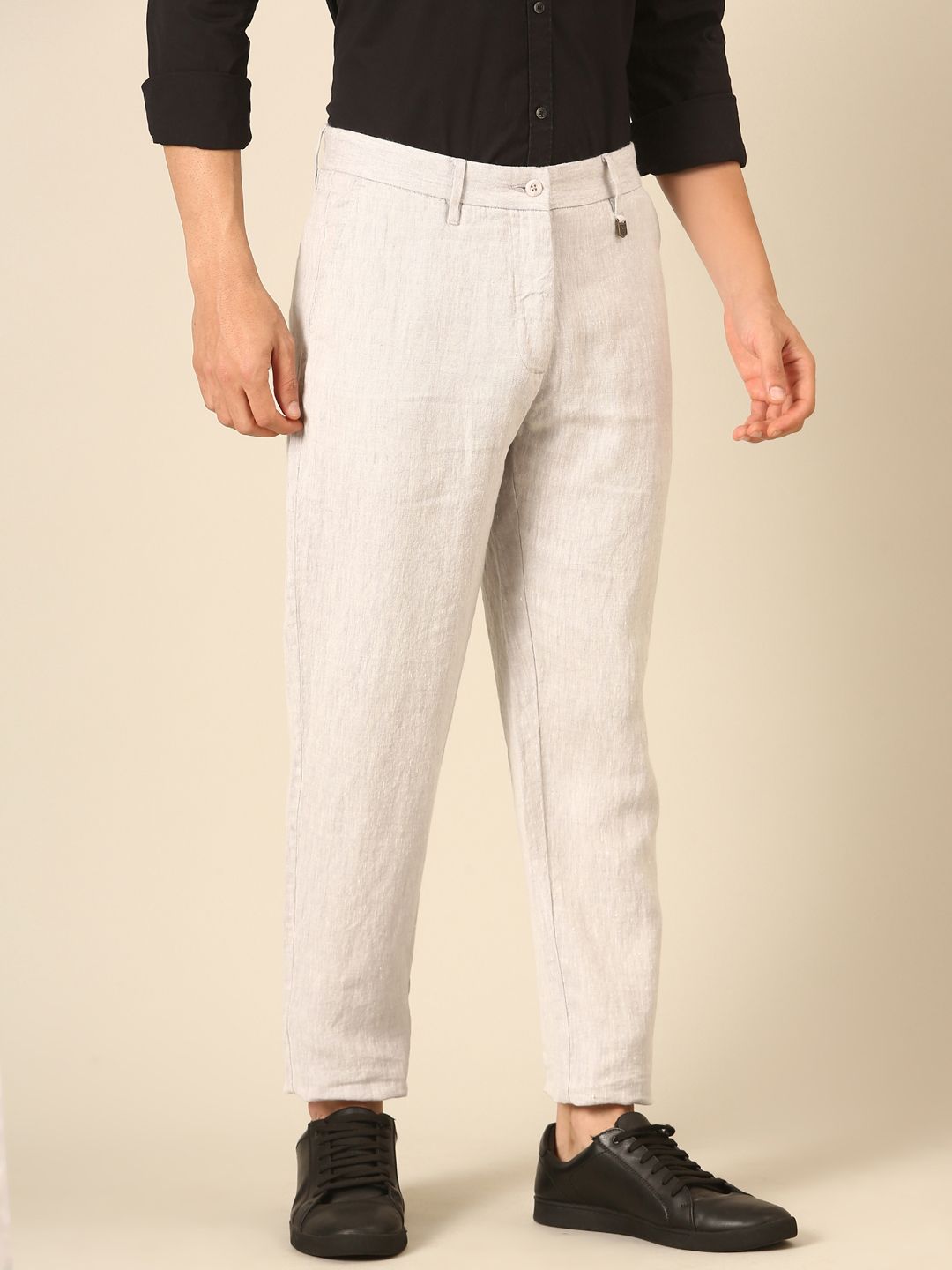 Linen Club Men's Linen Light Grey Solid Contemporary Fit Casual Trouser